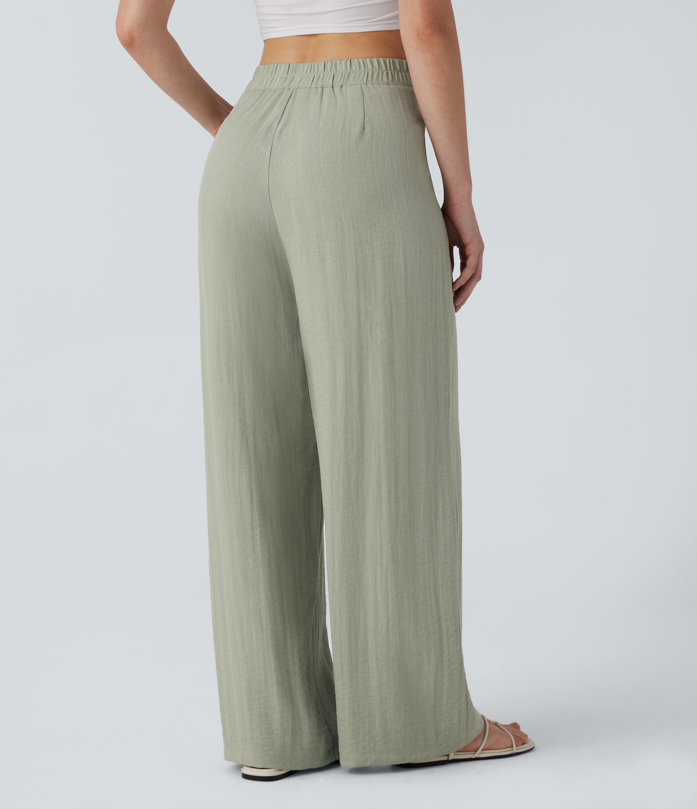 Mercury Pantalones casuales anchos de lino de tiro alto con botones y bolsillos / 2