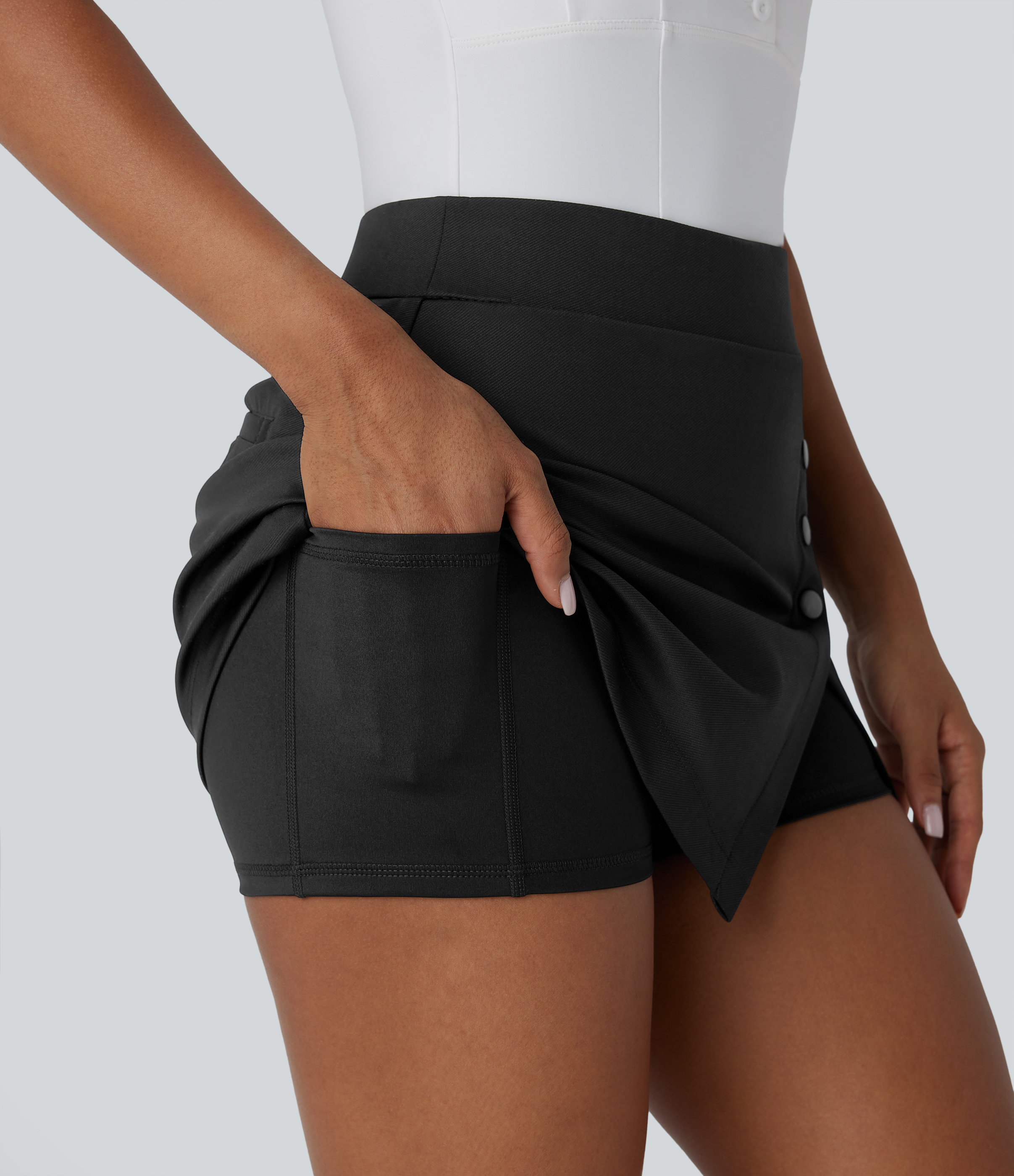 Halara High Waisted Decorative Button Split 2-in-1 Side Pocket Mini Golf Skirt-Golf Tee Pocket  - Black - XL(regular) midi skirt a line skirt 
