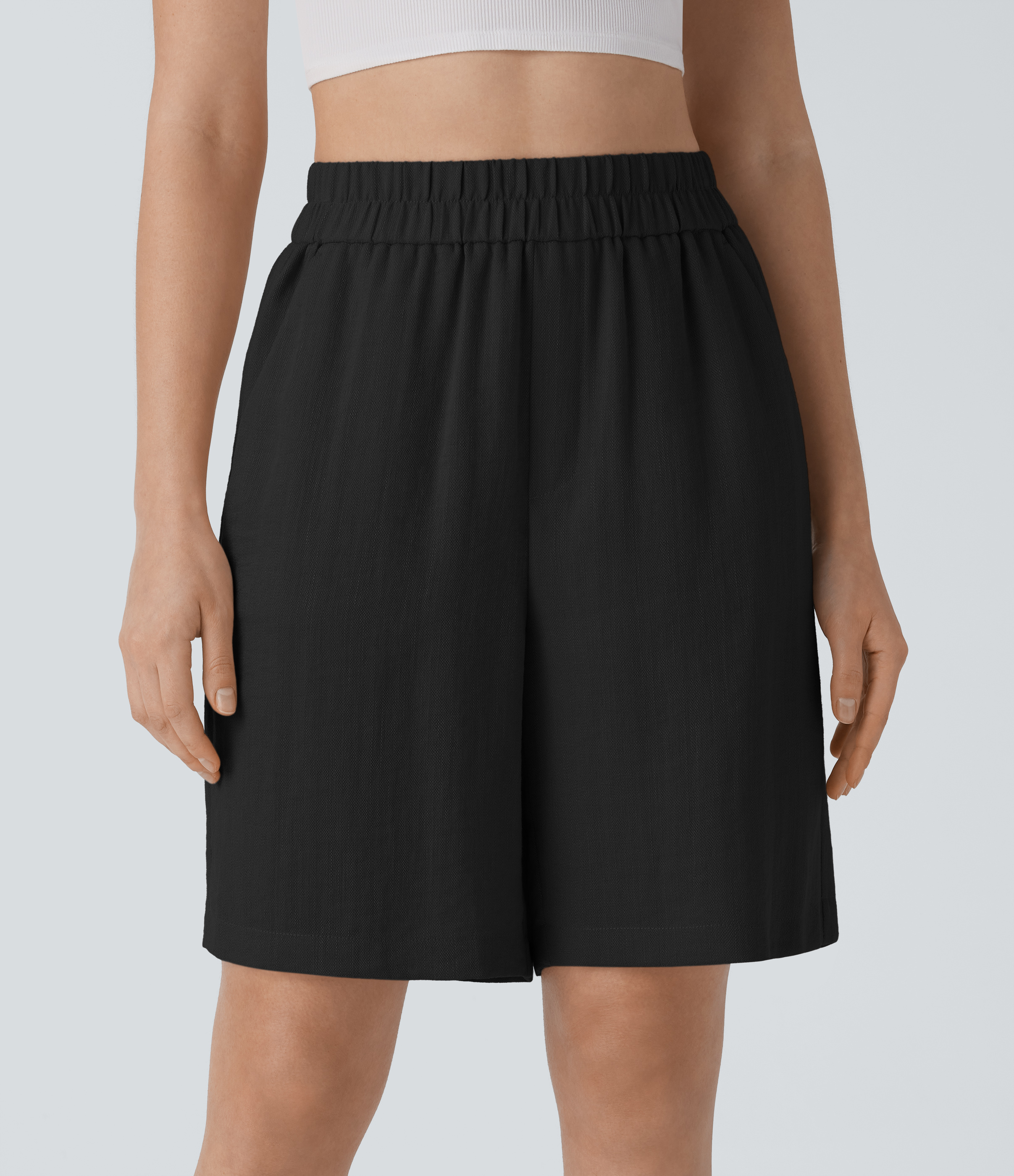 High Waisted Side Pocket Casual Linen-Feel Bermuda Shorts