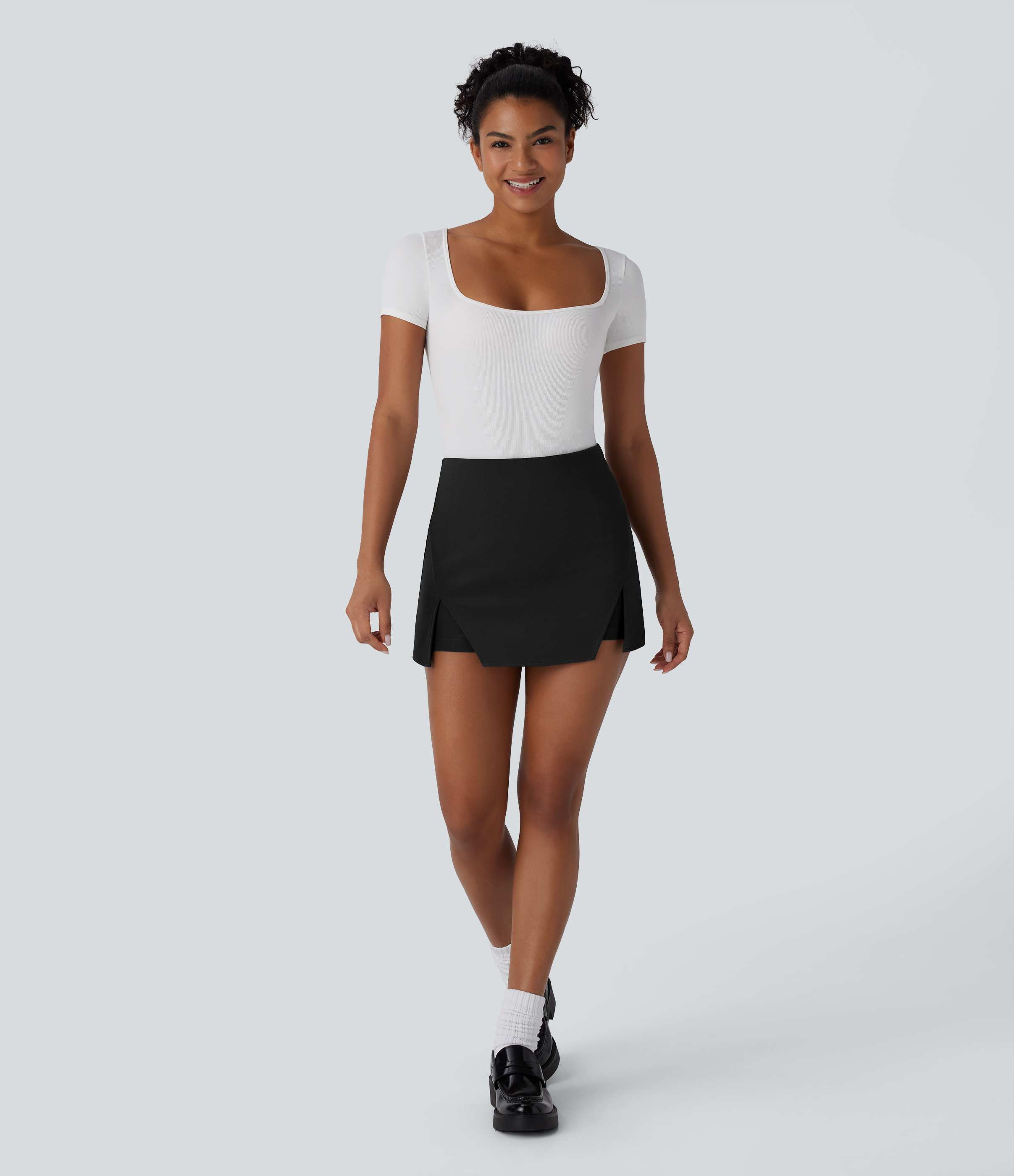 Halara High Waisted Invisible Zipper Split Mini Work Skort  - Black - L(regular) 