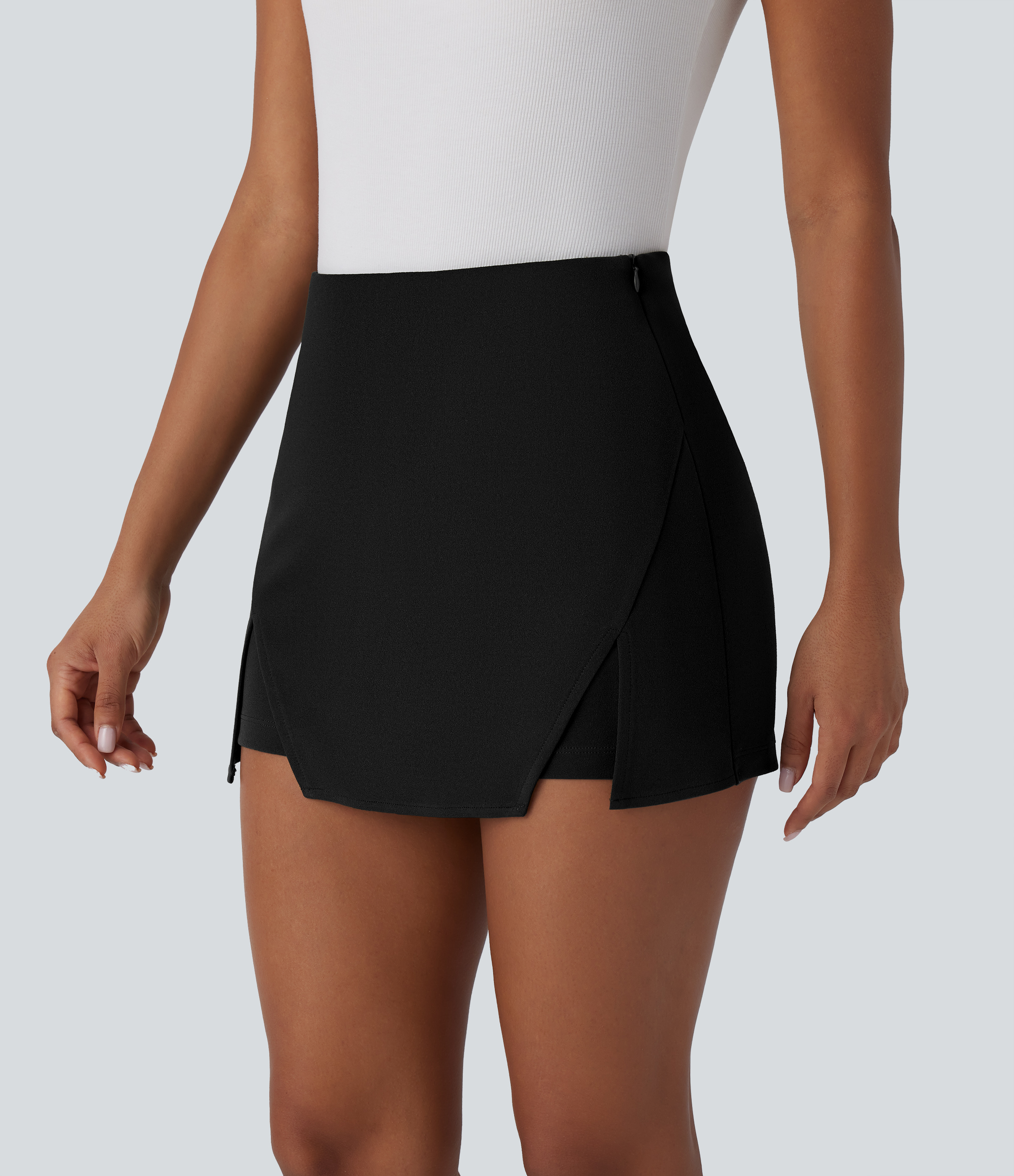 Halara High Waisted Invisible Zipper Split Mini Work Skort  - Black - L(regular) 