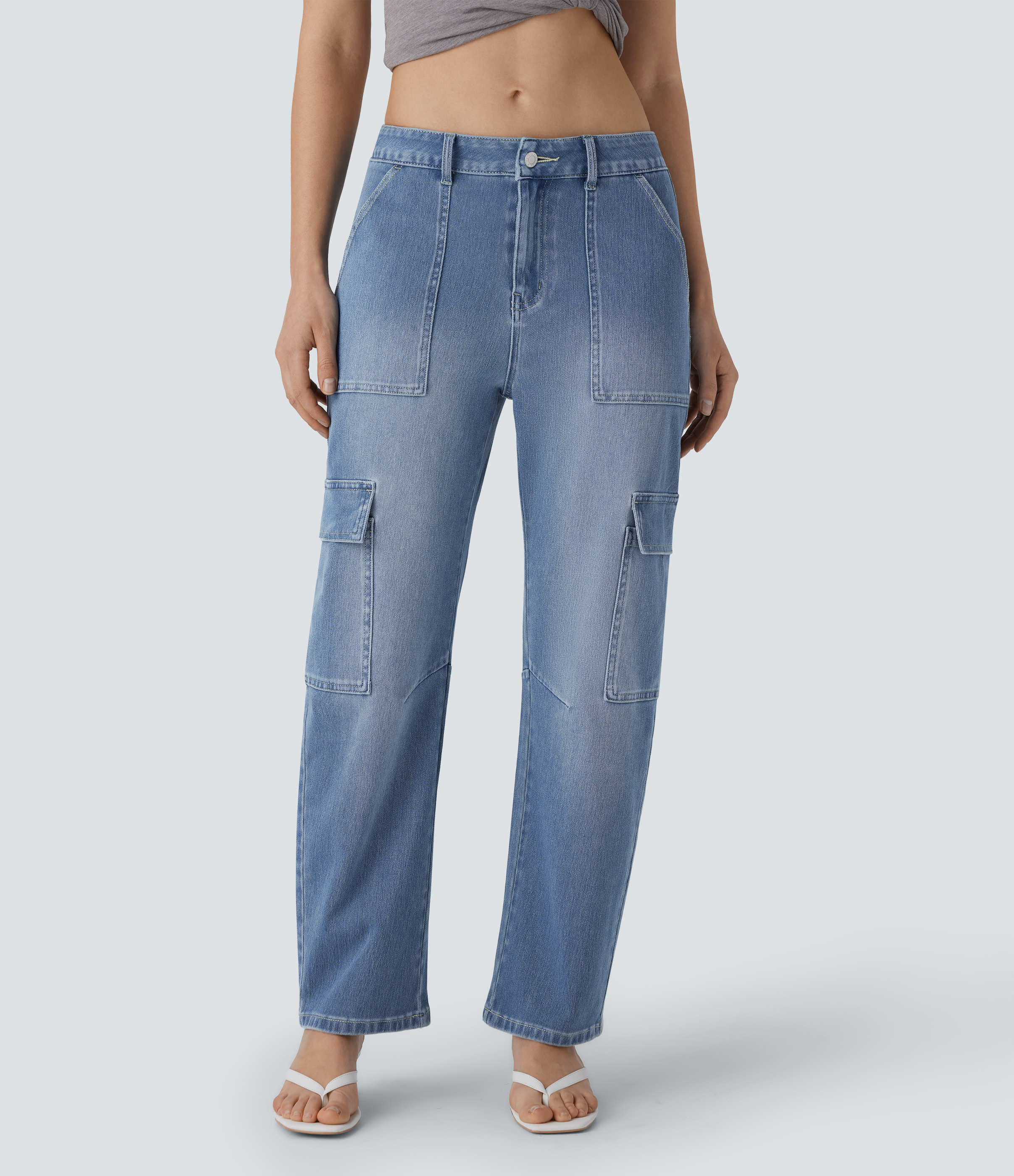 Jeans cargo Halara Flex™ Denim tiro medio múltiple bolsillo elástico lavado