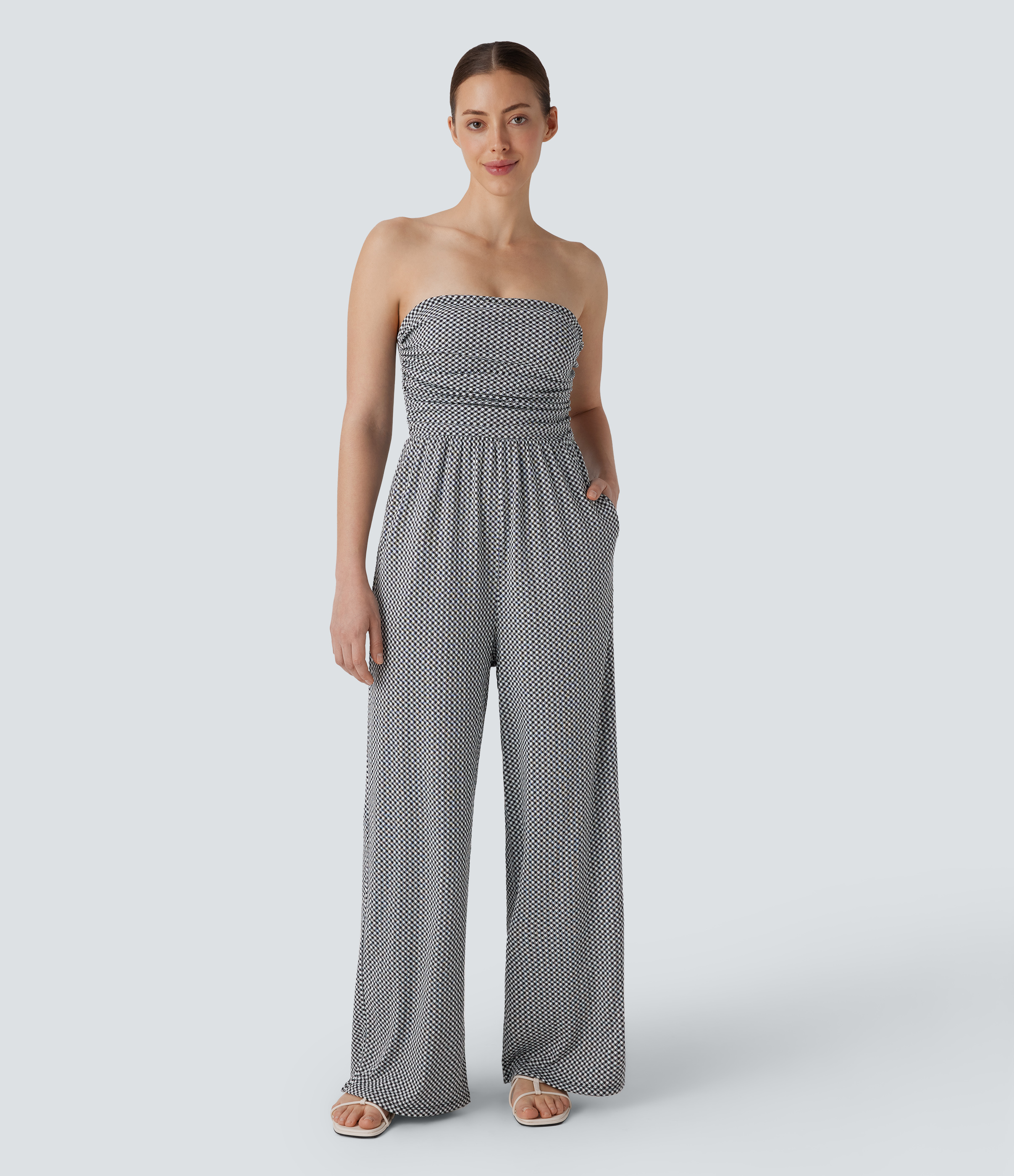 Black White Diagonal Plaid Adjustable & Removable Strap Ruched Pocket Plaid Casual Jumpsuit / 1