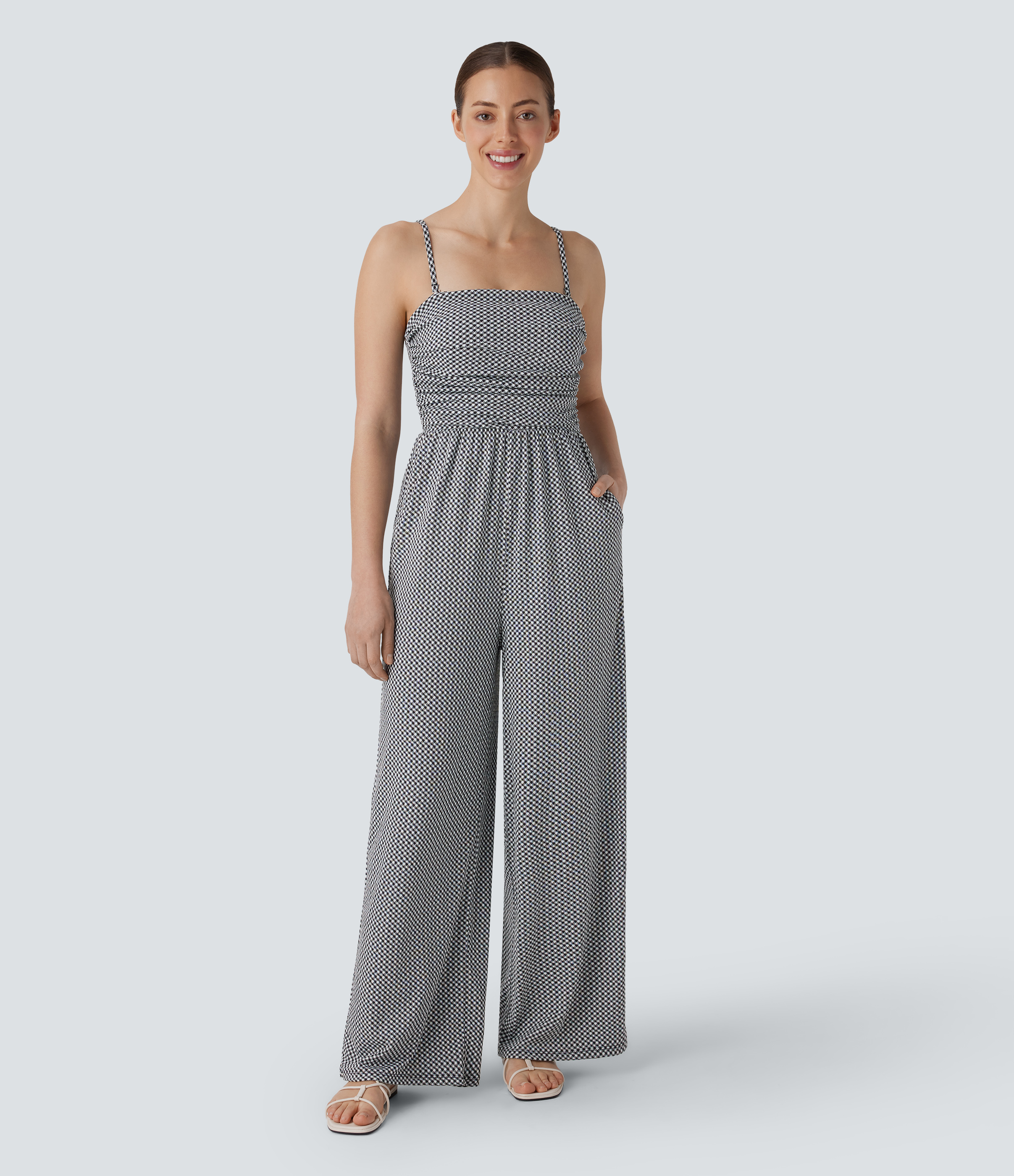 Black White Diagonal Plaid Adjustable & Removable Strap Ruched Pocket Plaid Casual Jumpsuit / 2