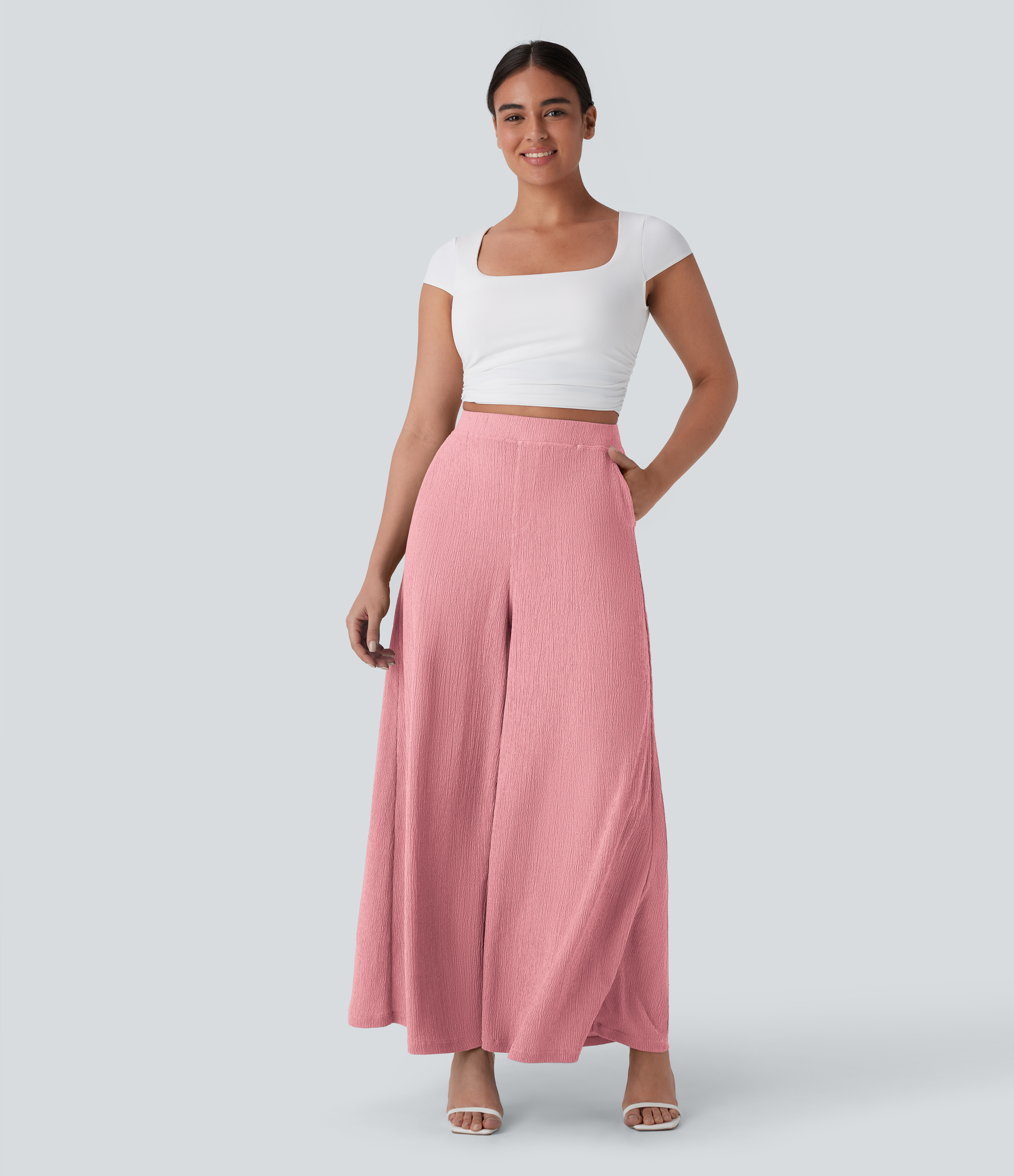 Halara High Waisted Side Pocket Wide Leg Flowy Casual Pants  - Bridal Rose - M(regular) sweatpants jogger pants stacked sweatpants 