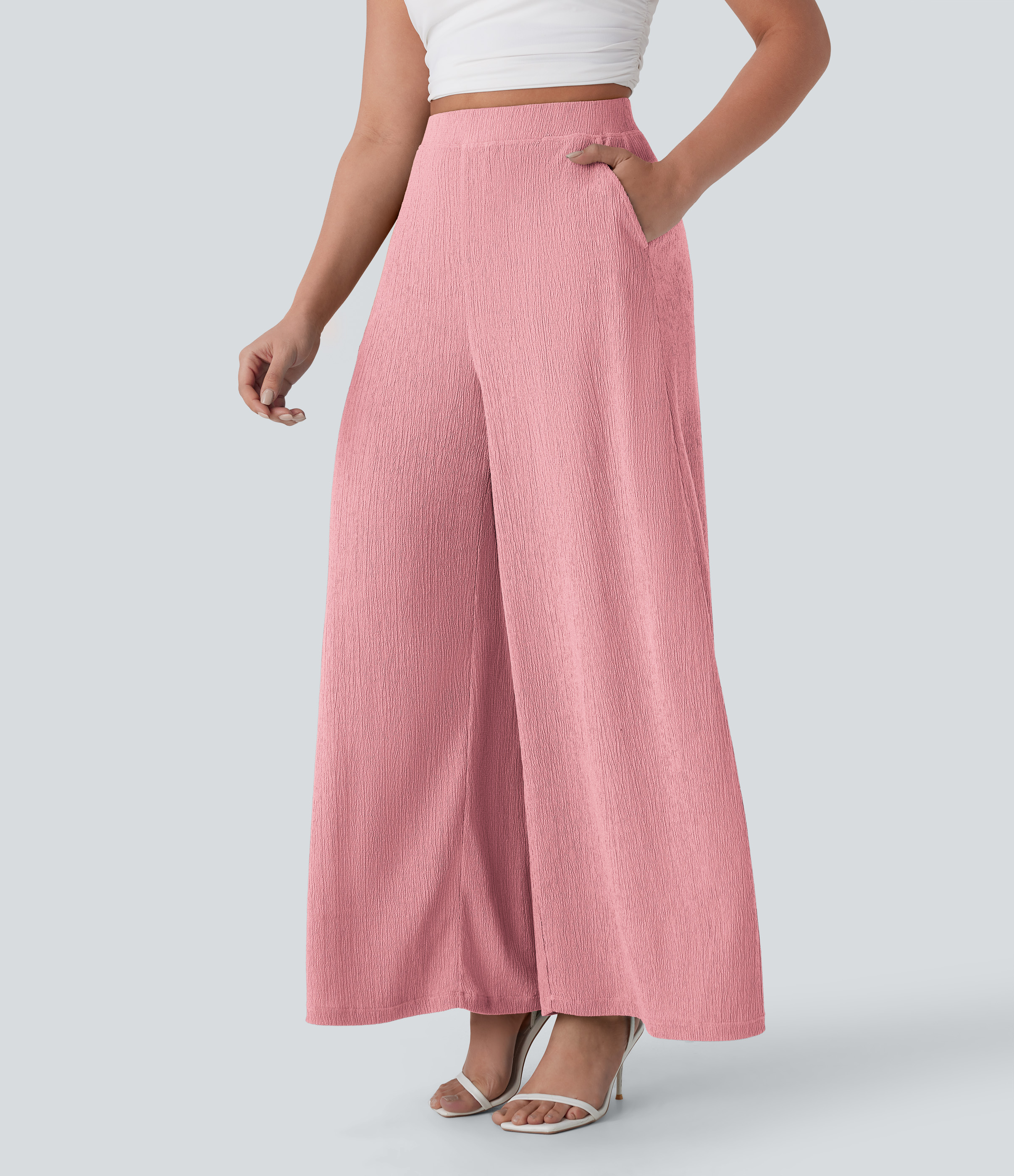 Halara High Waisted Side Pocket Wide Leg Flowy Casual Pants  - Bridal Rose - M(regular) sweatpants jogger pants stacked sweatpants 