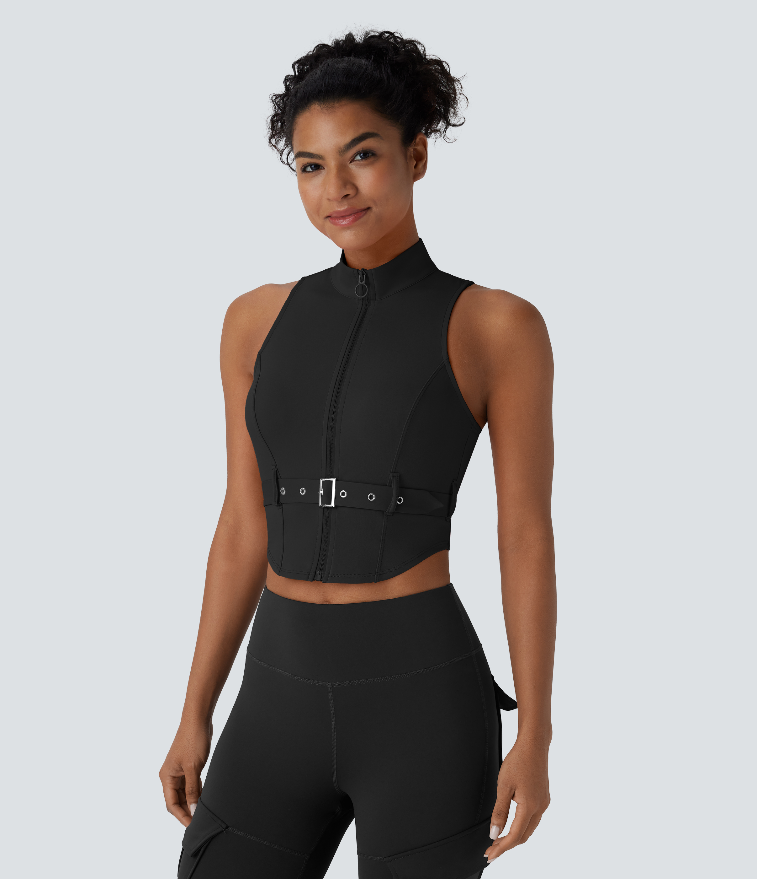 Halara Softlyzeroв„ў QuickDry Stand Collar Zipper Belted Curved Hem Slim Pickleball Sports Top  - Black - XS 