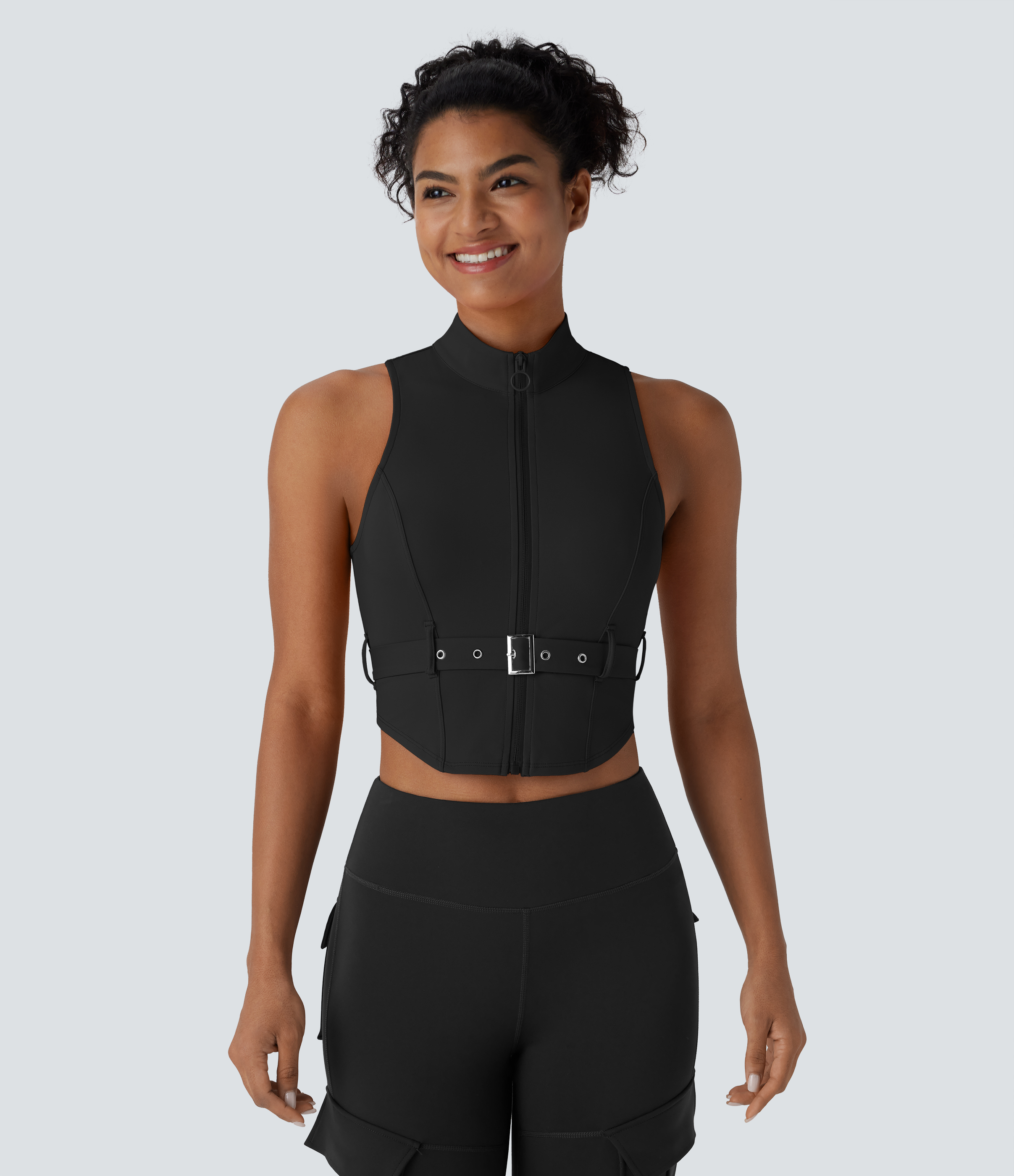 Halara Softlyzeroв„ў QuickDry Stand Collar Zipper Belted Curved Hem Slim Pickleball Sports Top  - Black - XS 