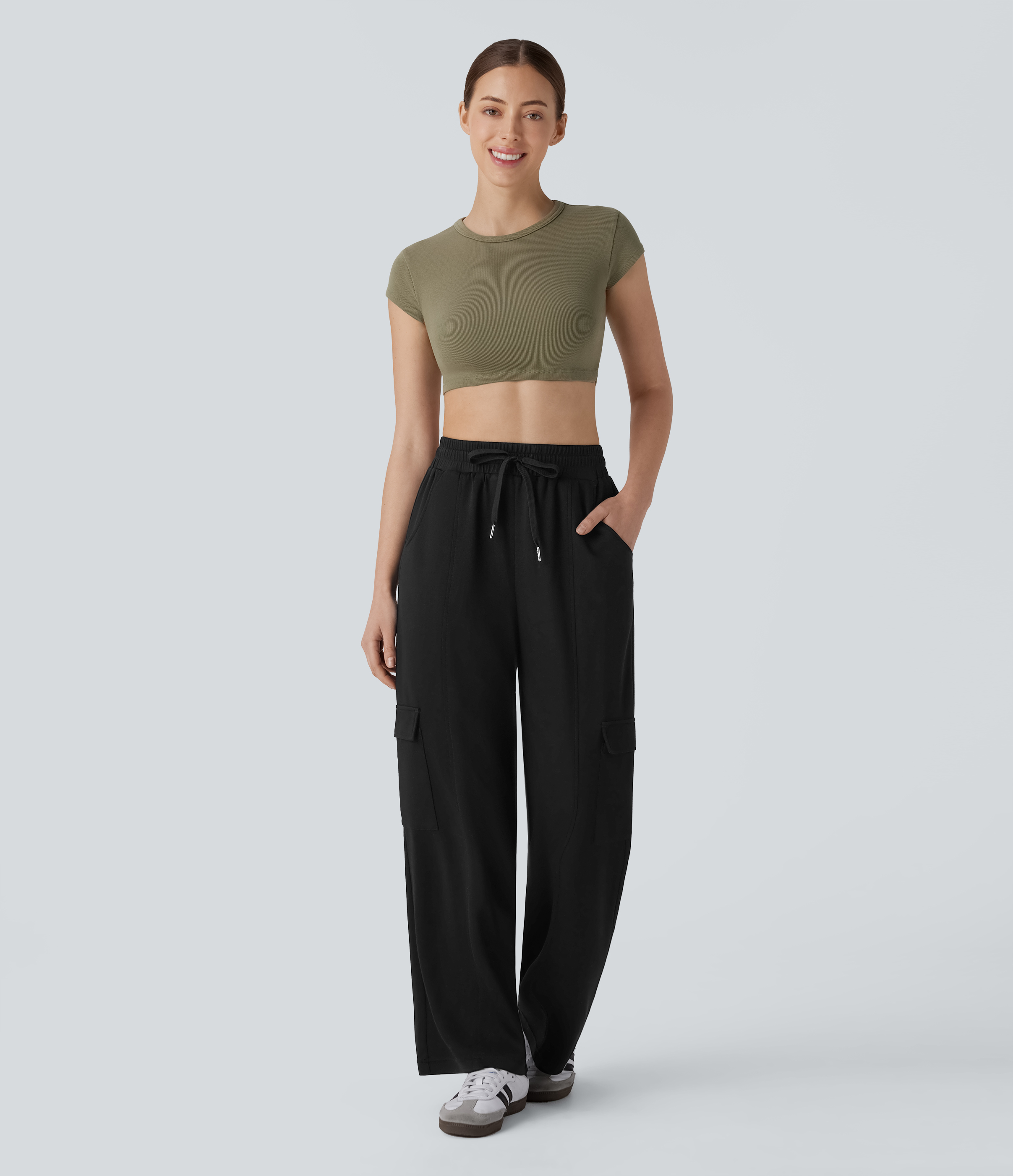 Halara High Waisted Drawstring Multiple Pockets Cargo Straight Leg Casual Pants  - Black - XL(regular) sweatpants jogger pants 