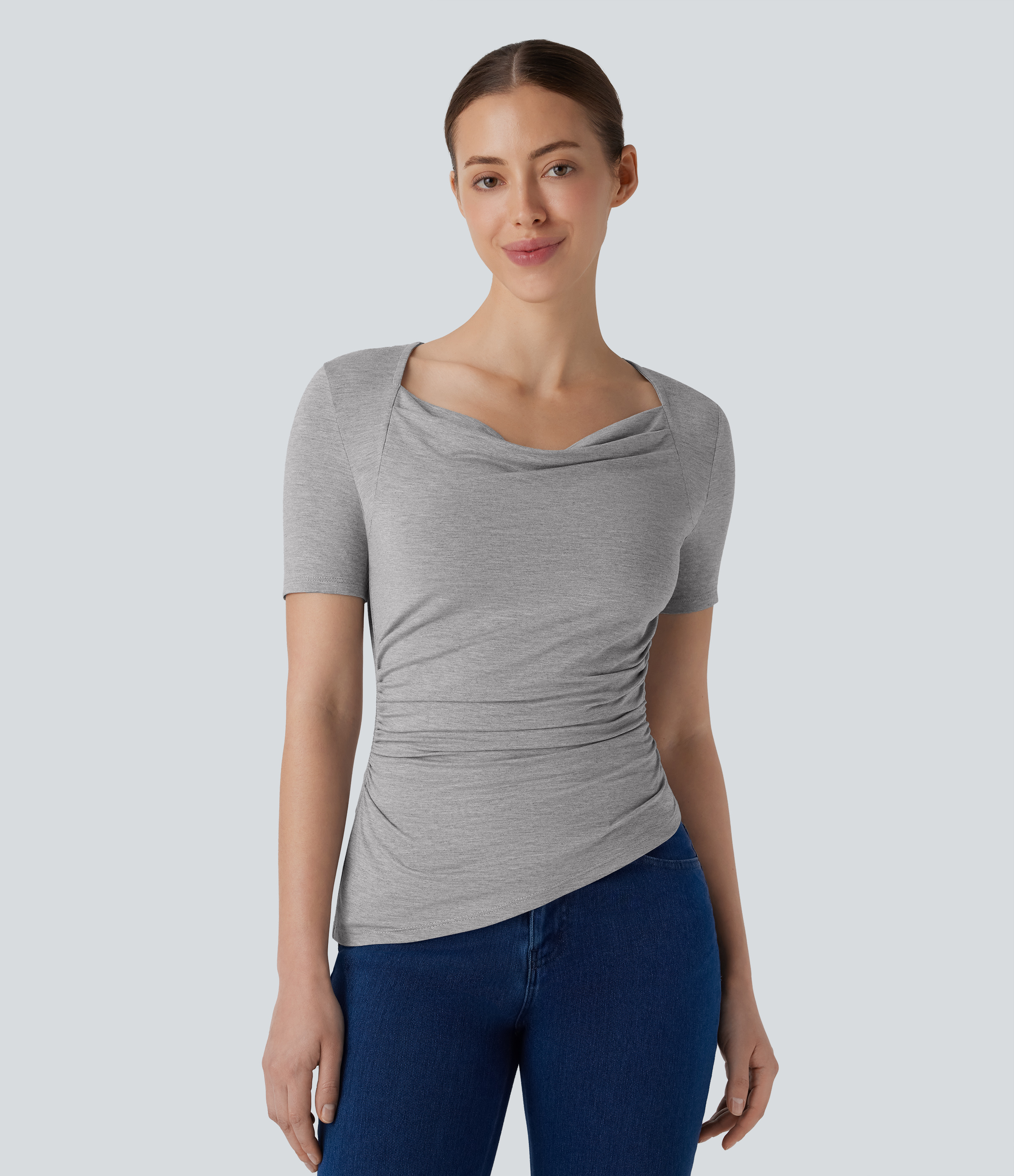 Cowl Neck Ruched Asymmetric Hem Slim Casual Top