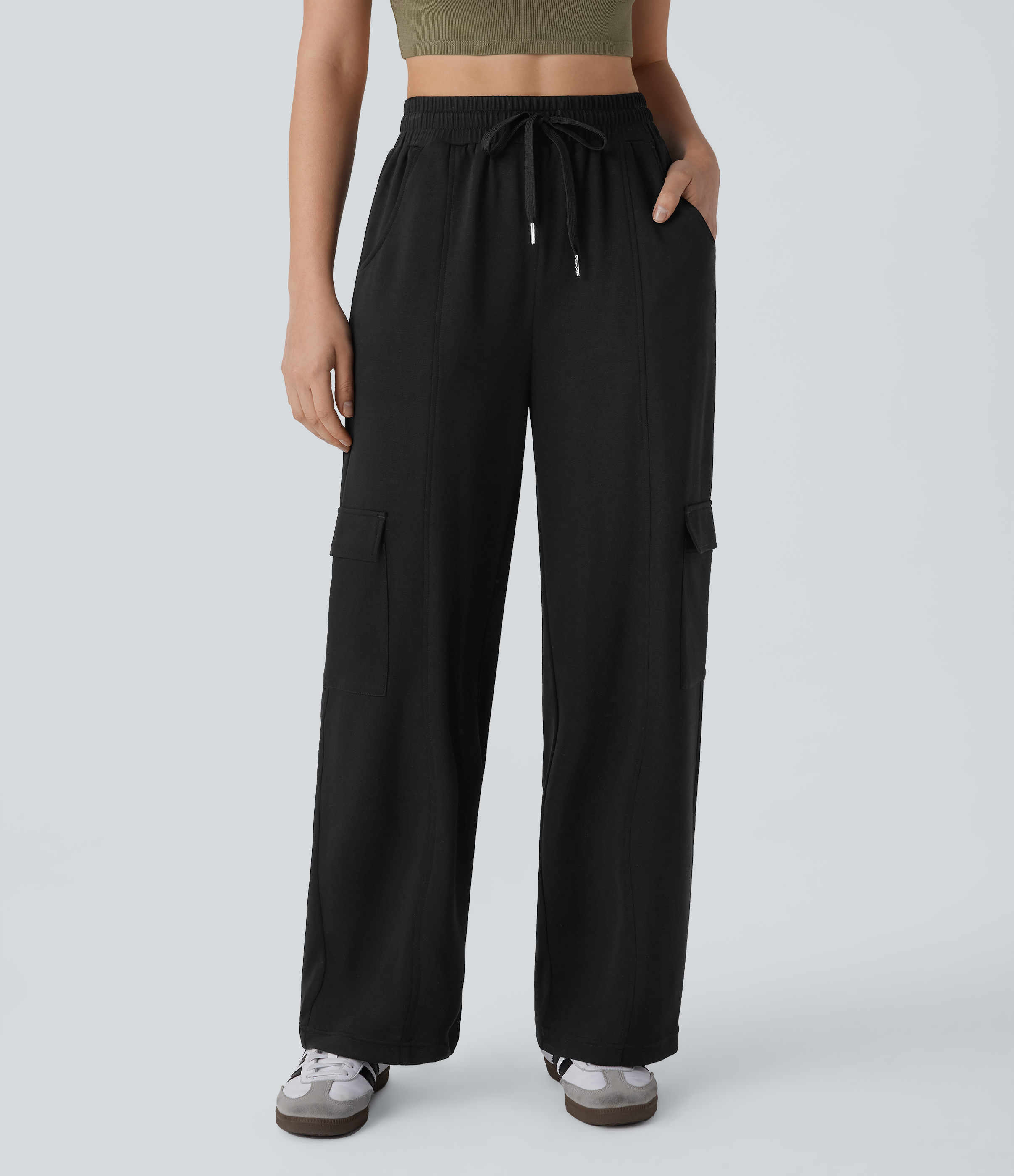 Halara High Waisted Drawstring Multiple Pockets Cargo Straight Leg Casual Pants  - Black - XL(regular) sweatpants jogger pants 