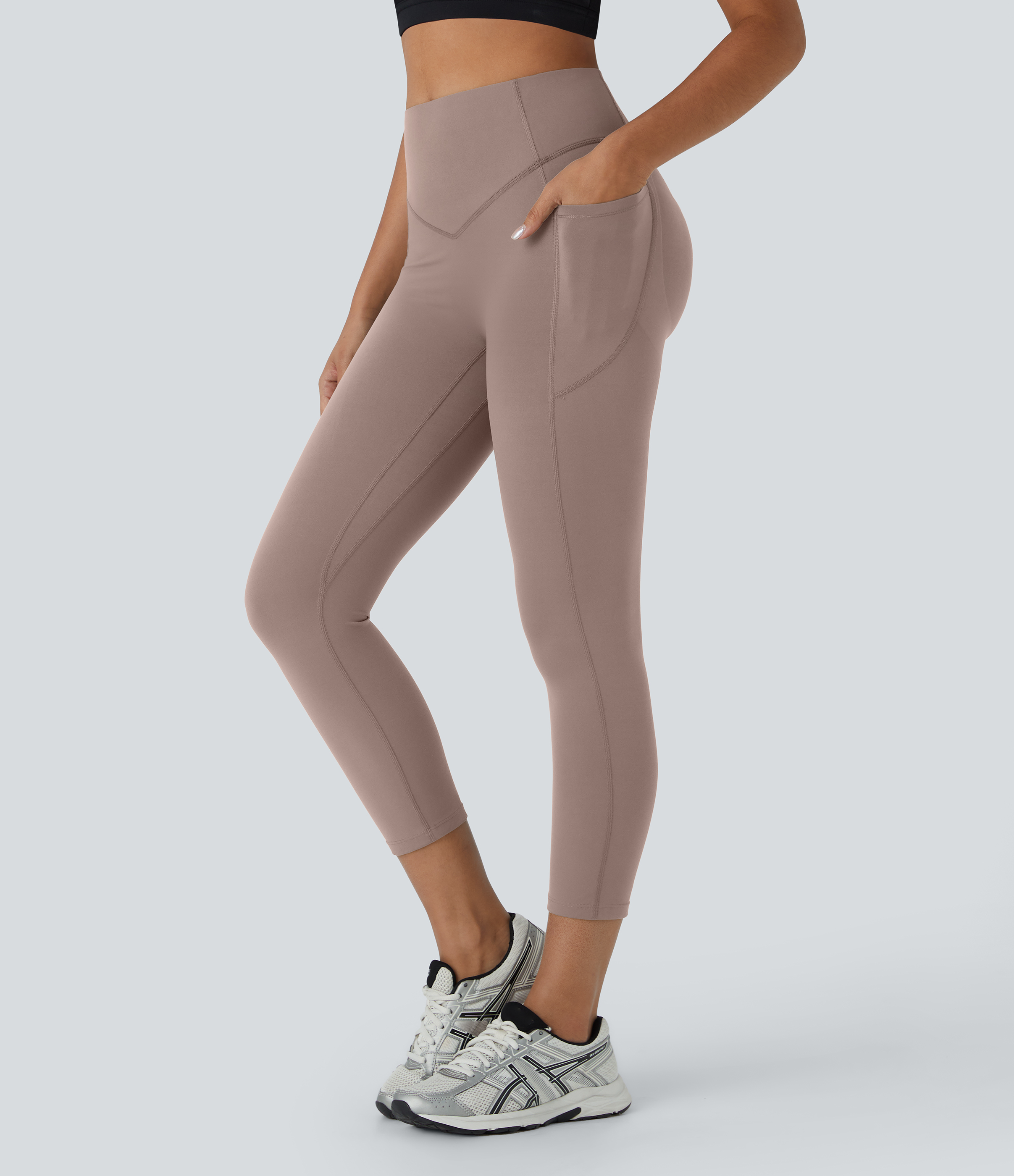 Halara SoCinched High Waisted Scrunch Butt Lifting Tummy Control Side Pocket Shaping Capri Training UltraSculpt Leggings  - Dawn Brown - XS 