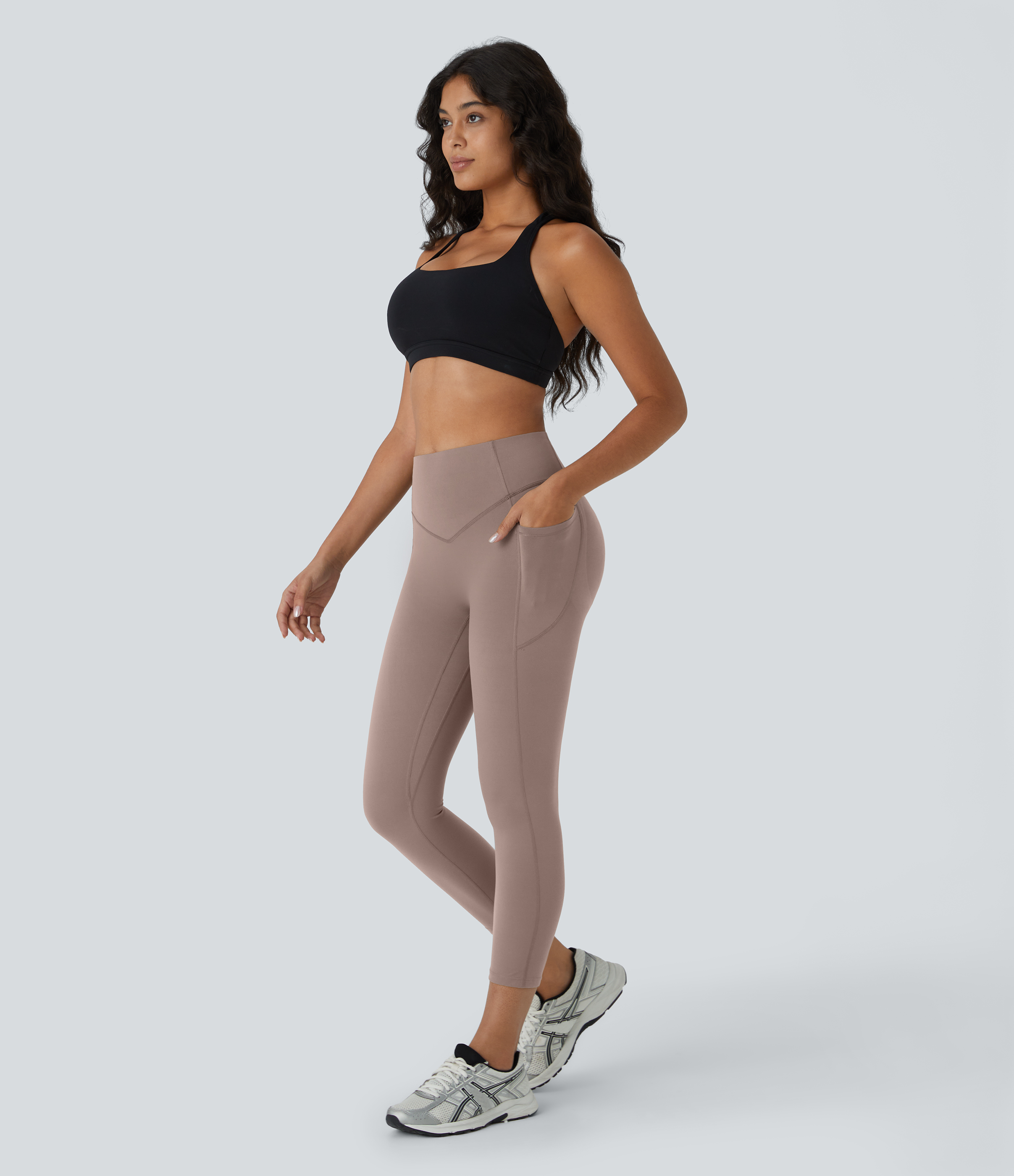Halara SoCinched High Waisted Scrunch Butt Lifting Tummy Control Side Pocket Shaping Capri Training UltraSculpt Leggings  - Dawn Brown - XS 