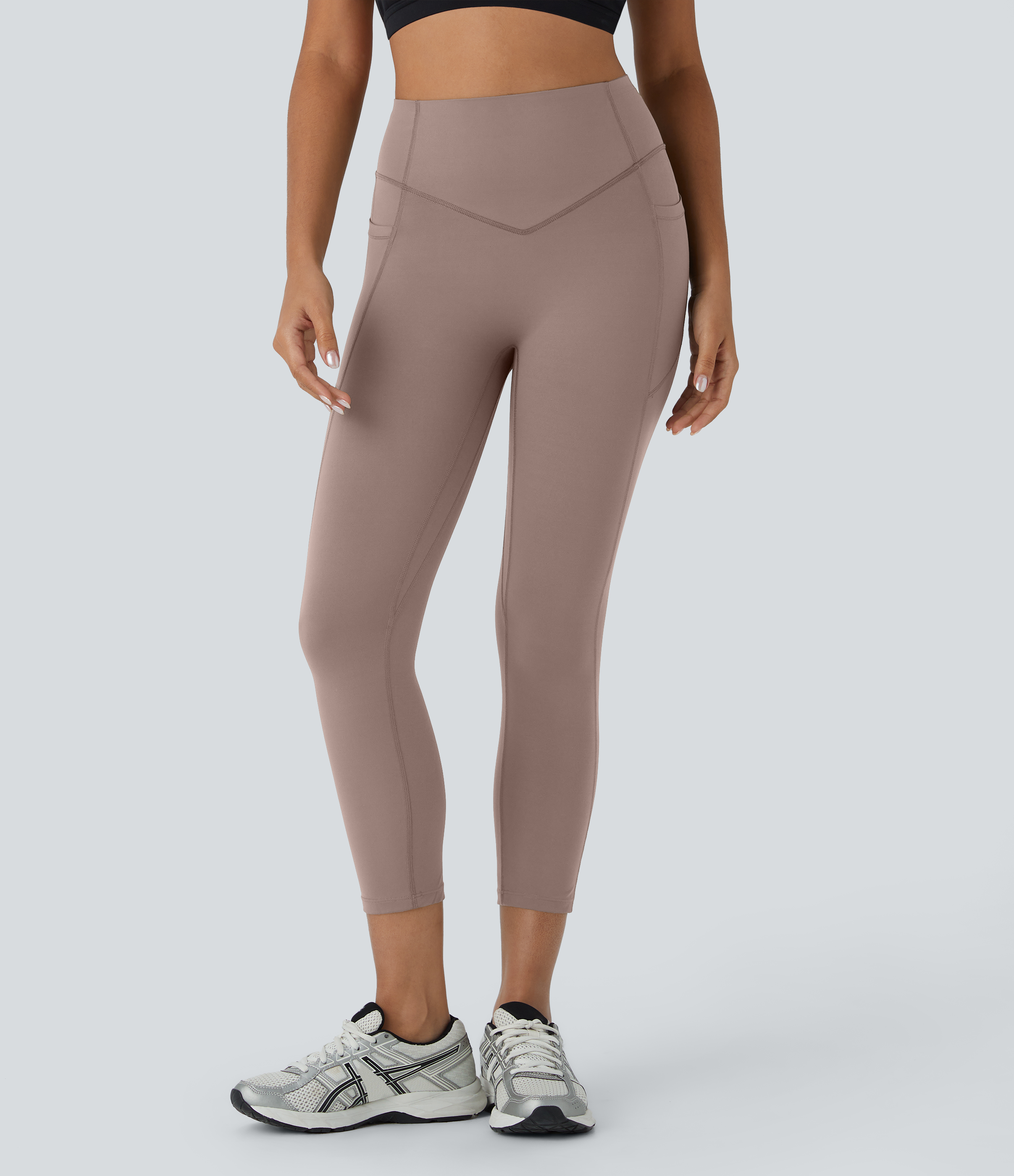 Halara SoCinched High Waisted Scrunch Butt Lifting Tummy Control Side Pocket Shaping Capri Training UltraSculpt Leggings  - Dawn Brown - XS 