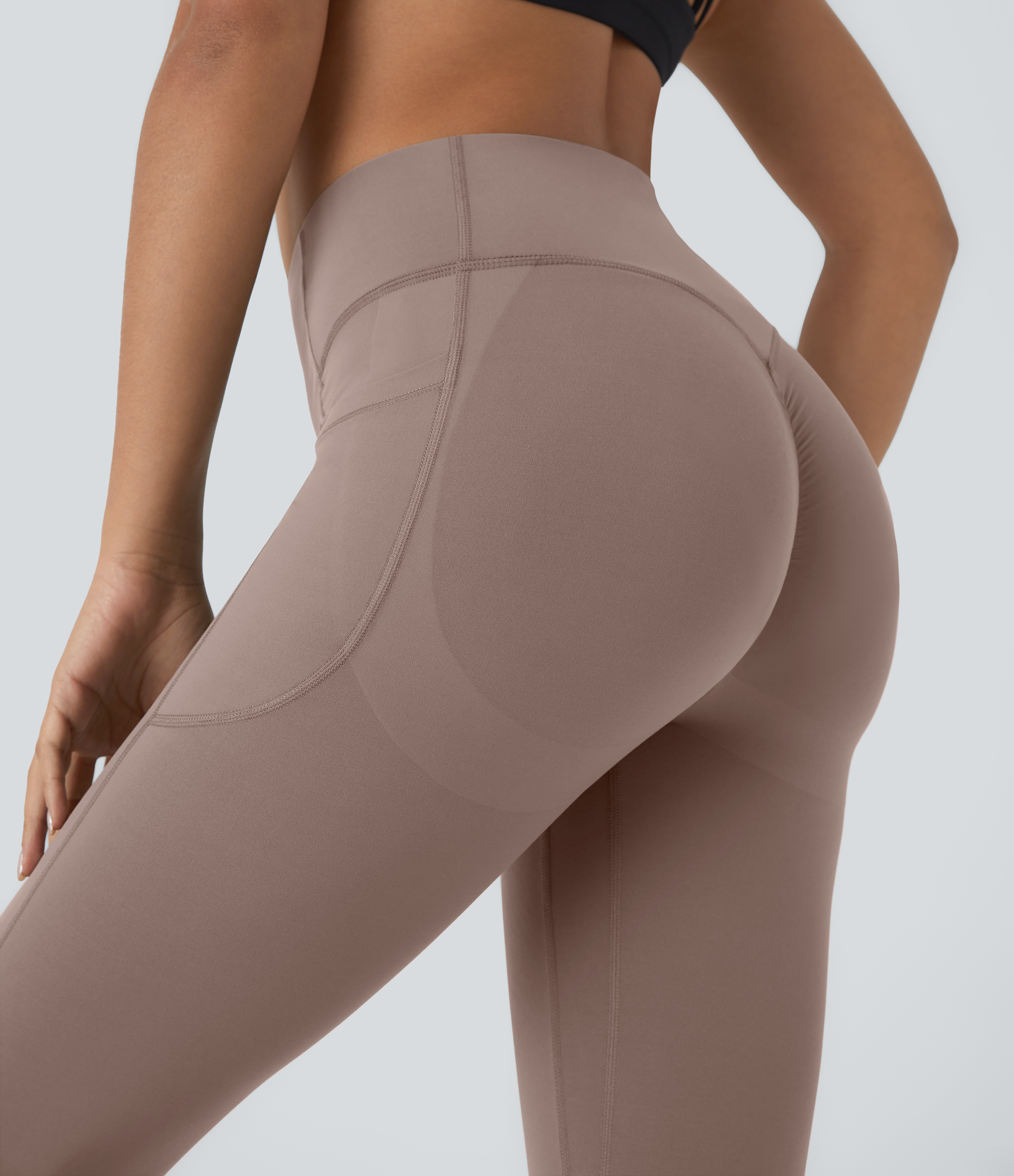 Halara SoCinched High Waisted Scrunch Butt Lifting Tummy Control Side Pocket Shaping Capri Training UltraSculpt Leggings  - Dawn Brown - XS 
