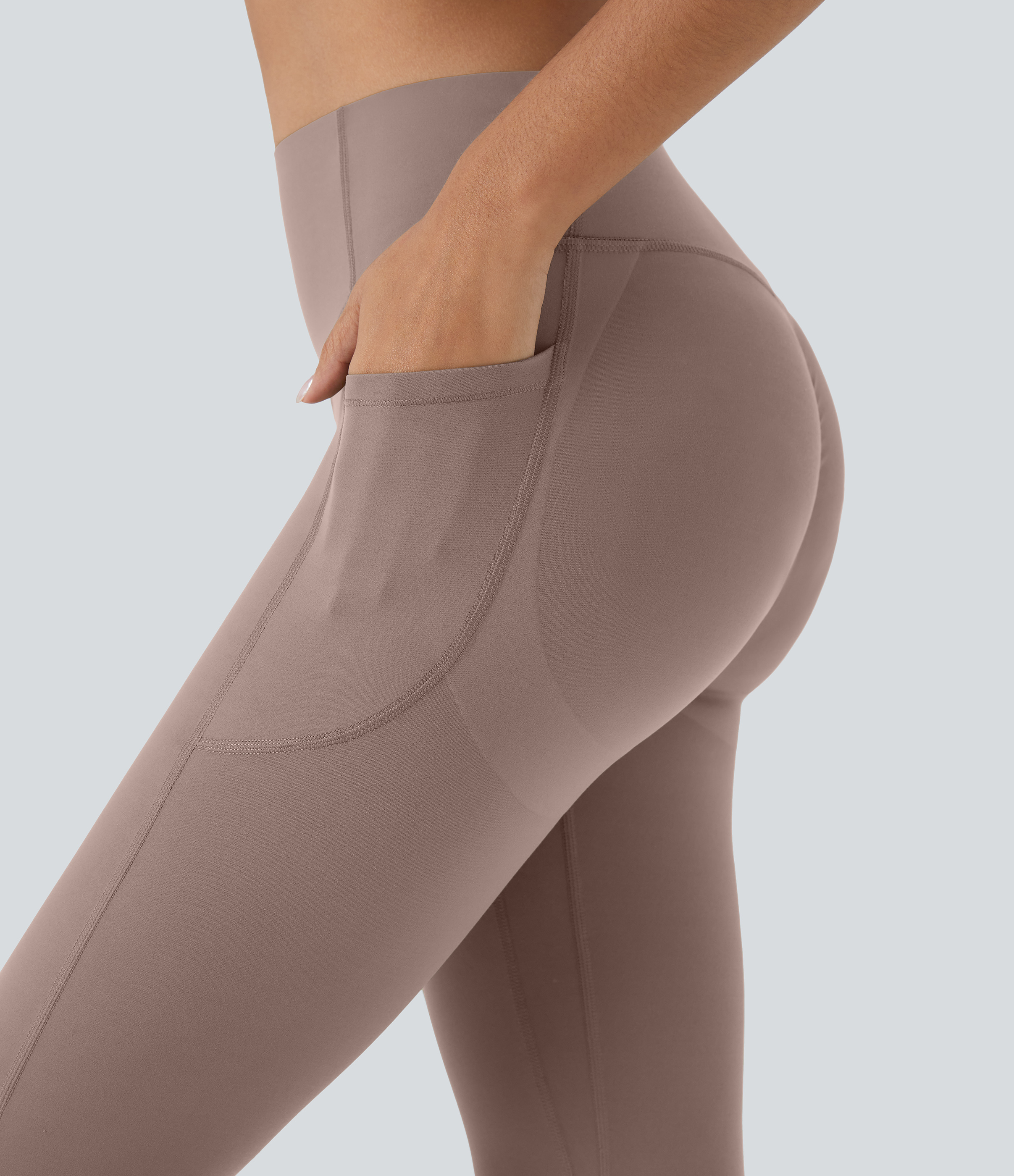 Halara SoCinched High Waisted Scrunch Butt Lifting Tummy Control Side Pocket Shaping Capri Training UltraSculpt Leggings  - Dawn Brown - XS 