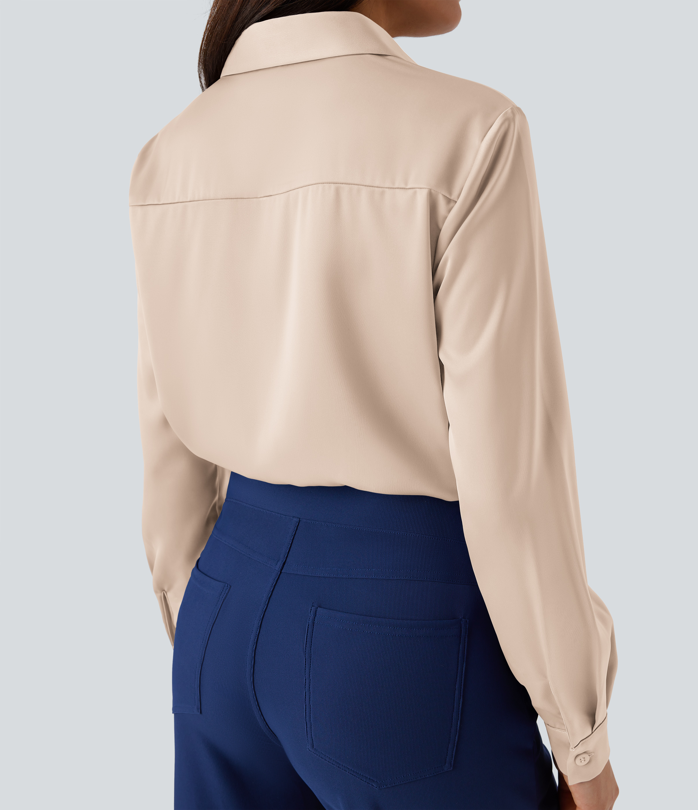 Halara Collared Button Long Sleeve Curved Hem Satin Work Shirt  - Smoke Gray - S 