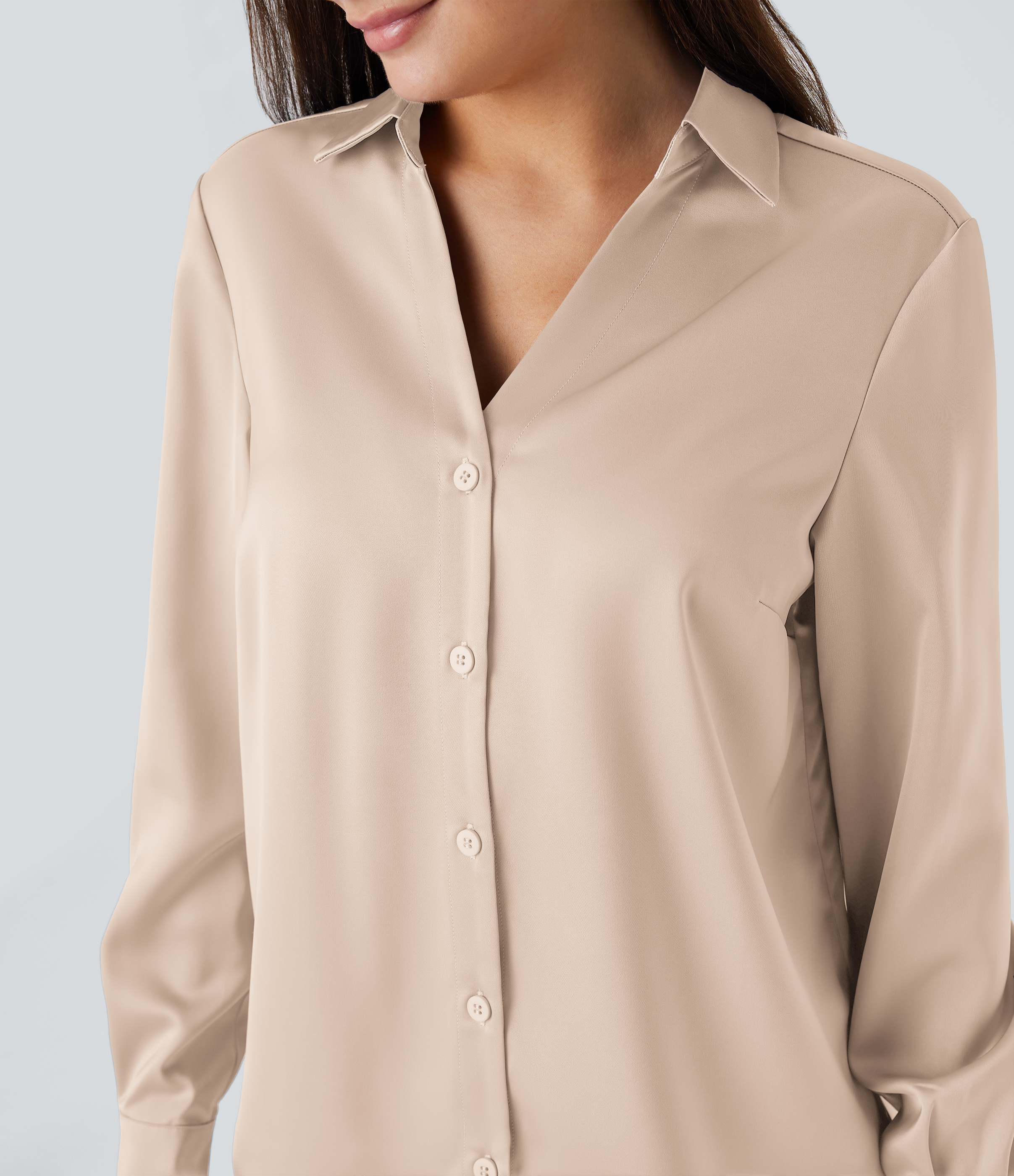 Halara Collared Button Long Sleeve Curved Hem Satin Work Shirt  - Smoke Gray - S 