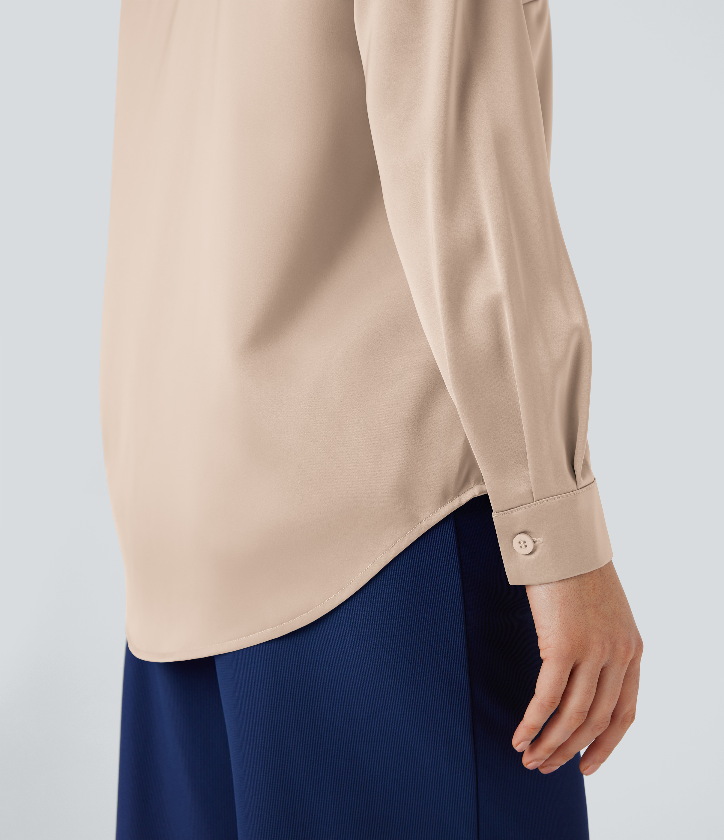 Halara Collared Button Long Sleeve Curved Hem Satin Work Shirt  - Smoke Gray - S 