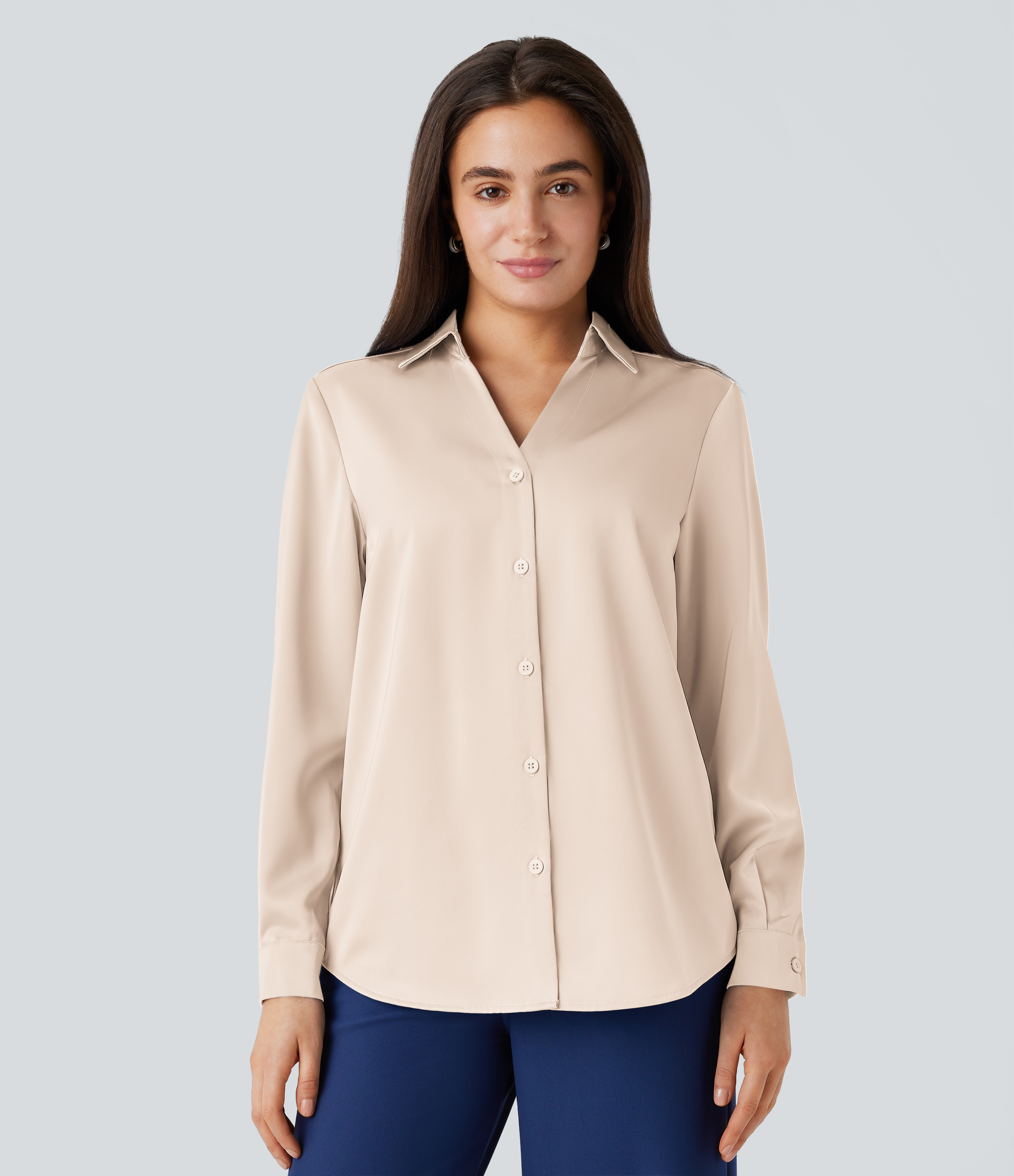 Halara Collared Button Long Sleeve Curved Hem Satin Work Shirt  - Smoke Gray - S 