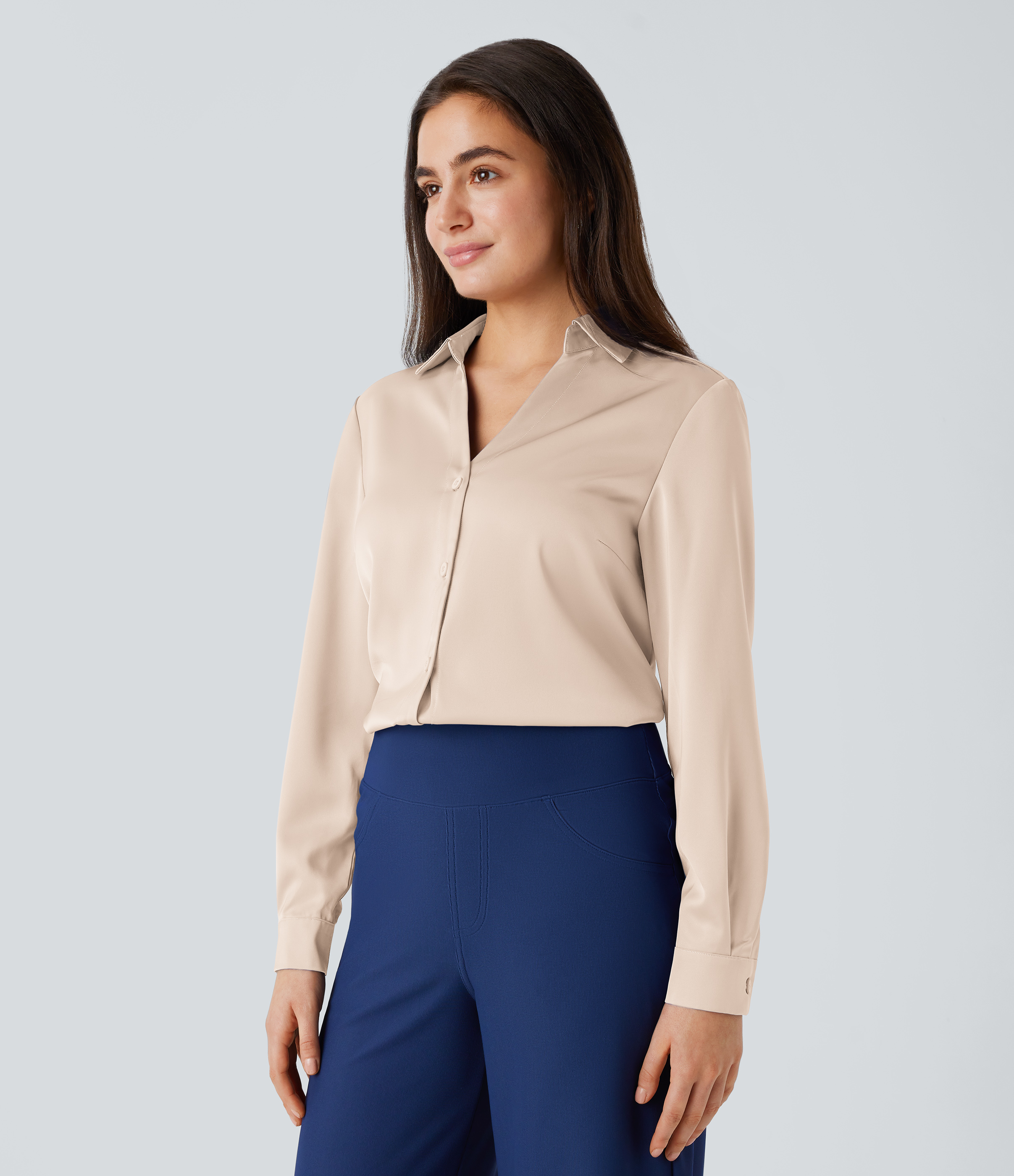 Halara Collared Button Long Sleeve Curved Hem Satin Work Shirt  - Smoke Gray - S 
