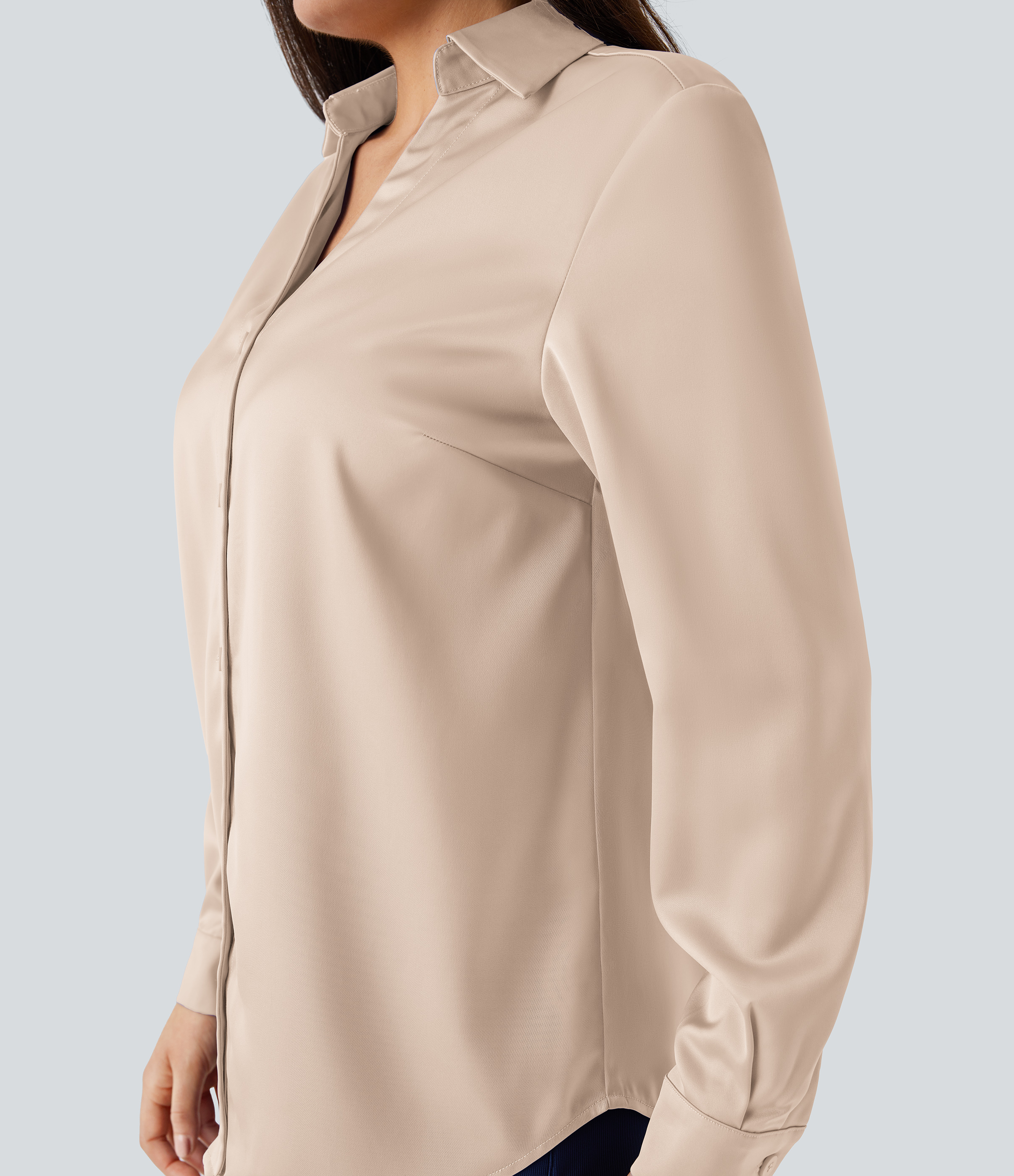 Halara Collared Button Long Sleeve Curved Hem Satin Work Shirt  - Smoke Gray - S 