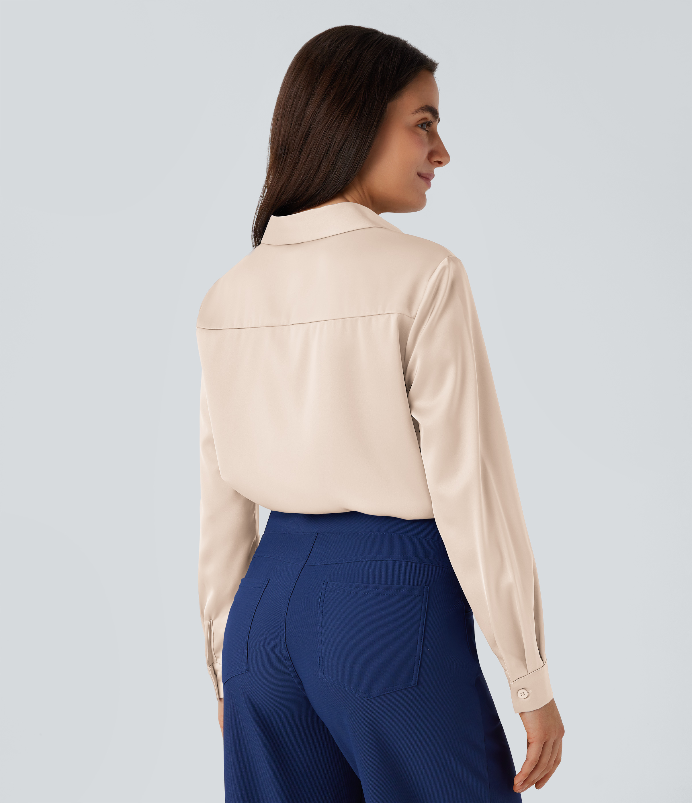 Halara Collared Button Long Sleeve Curved Hem Satin Work Shirt  - Smoke Gray - S 