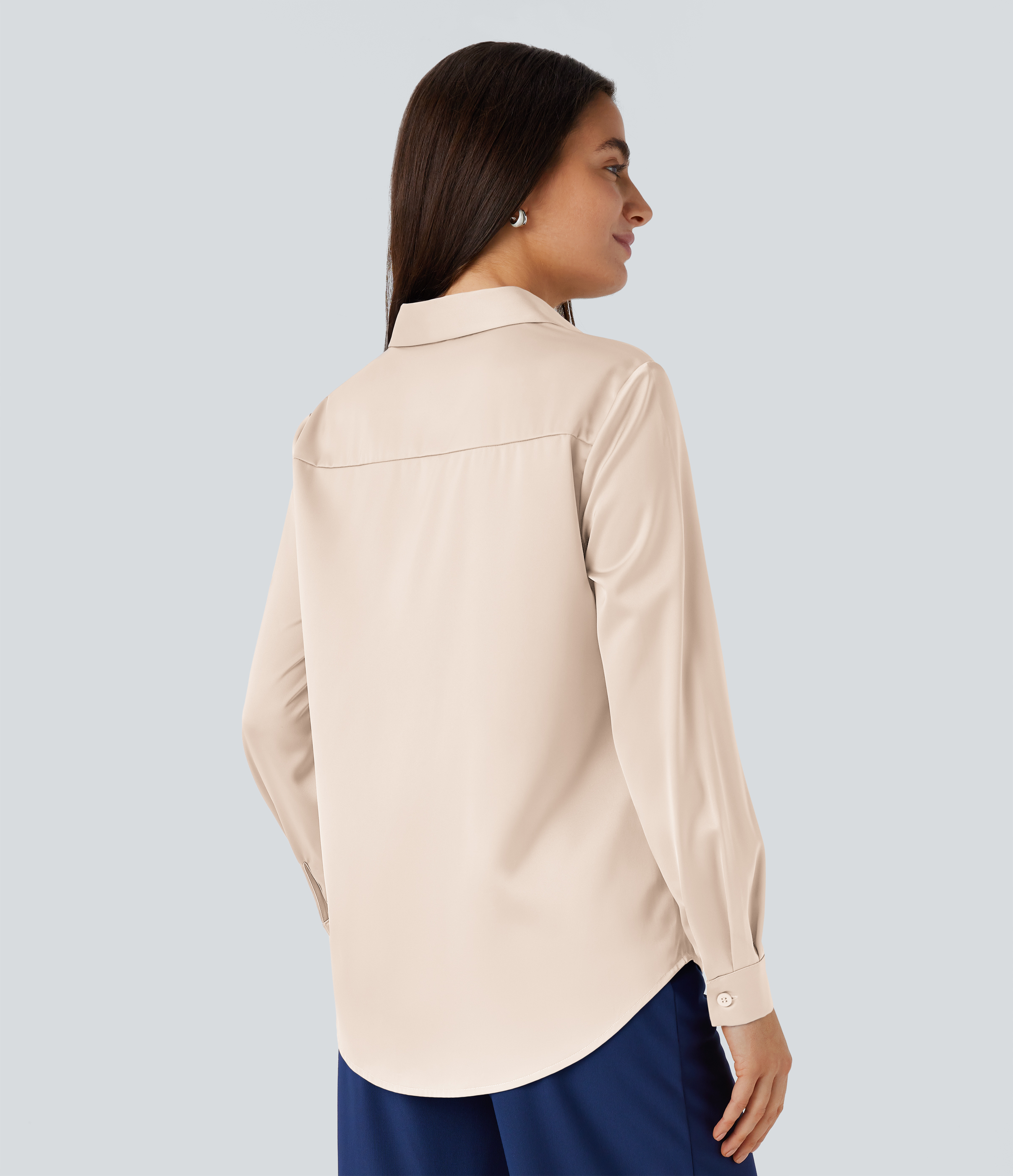 Halara Collared Button Long Sleeve Curved Hem Satin Work Shirt  - Smoke Gray - S 