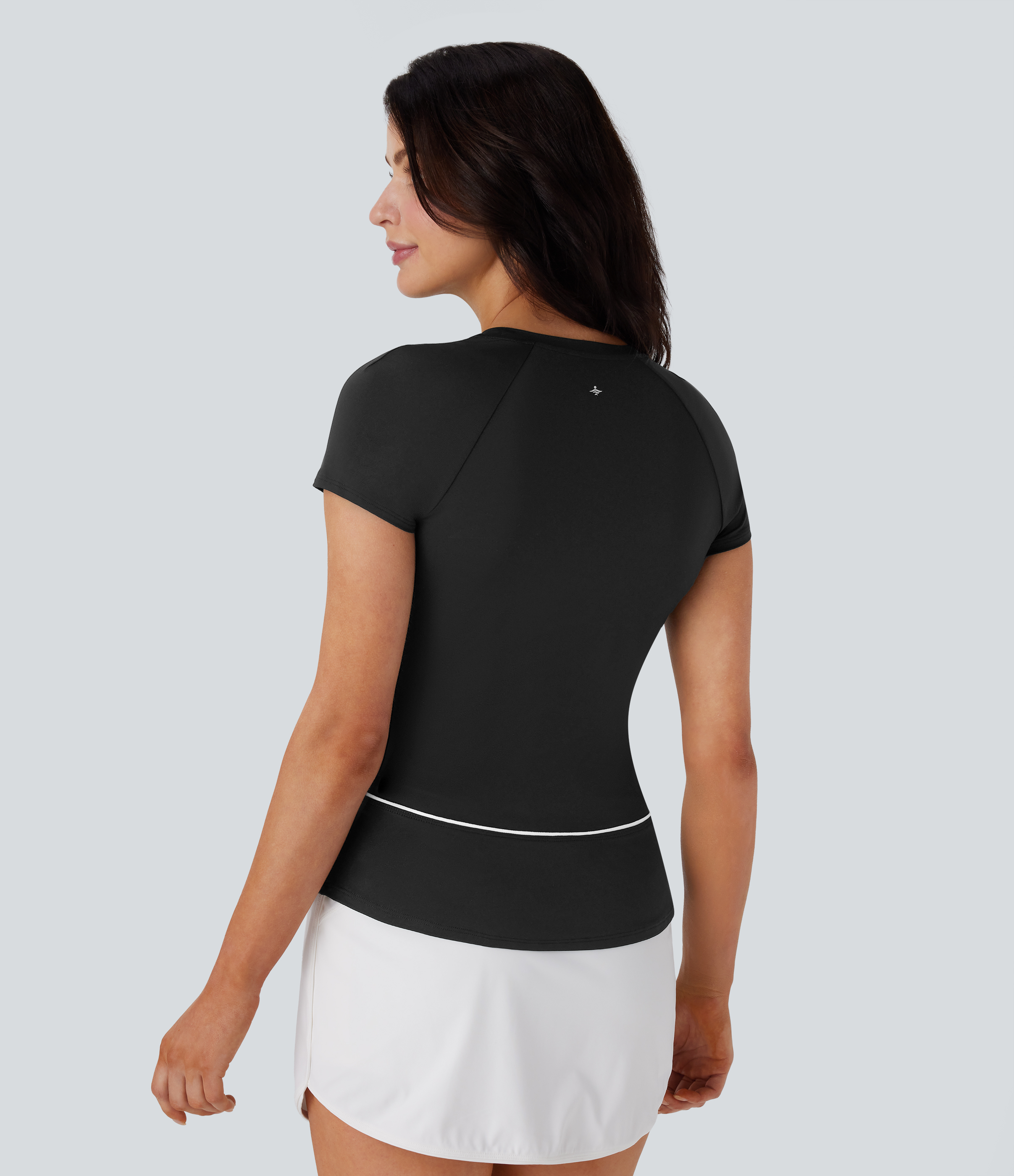 Halara Lightweight Raglan Sleeve Color Block Tape Curved Hem Slim Golf Sports Top  - Black - M 