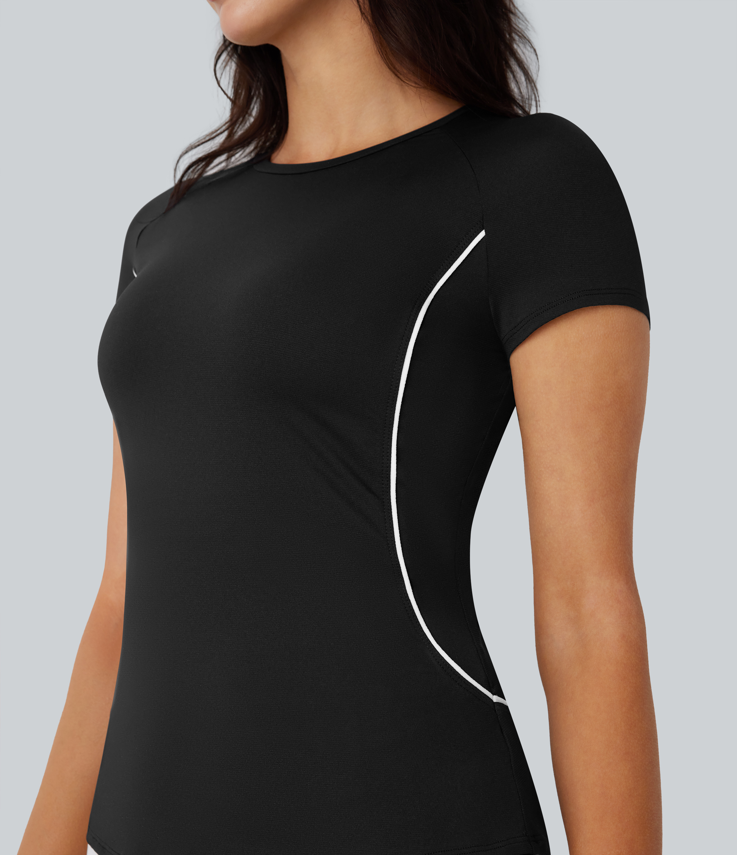 Halara Lightweight Raglan Sleeve Color Block Tape Curved Hem Slim Golf Sports Top  - Black - M 