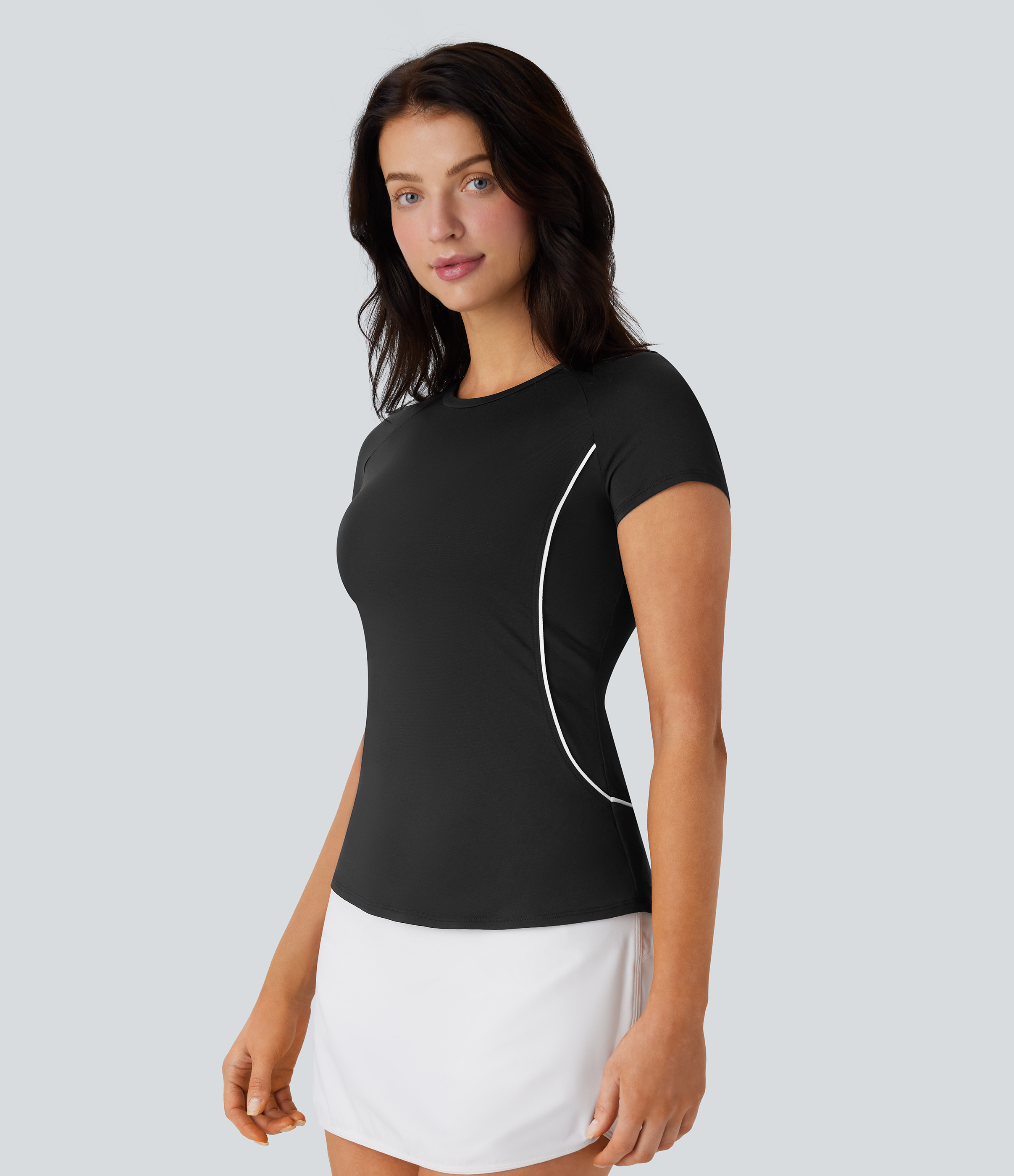 Halara Lightweight Raglan Sleeve Color Block Tape Curved Hem Slim Golf Sports Top  - Black - M 