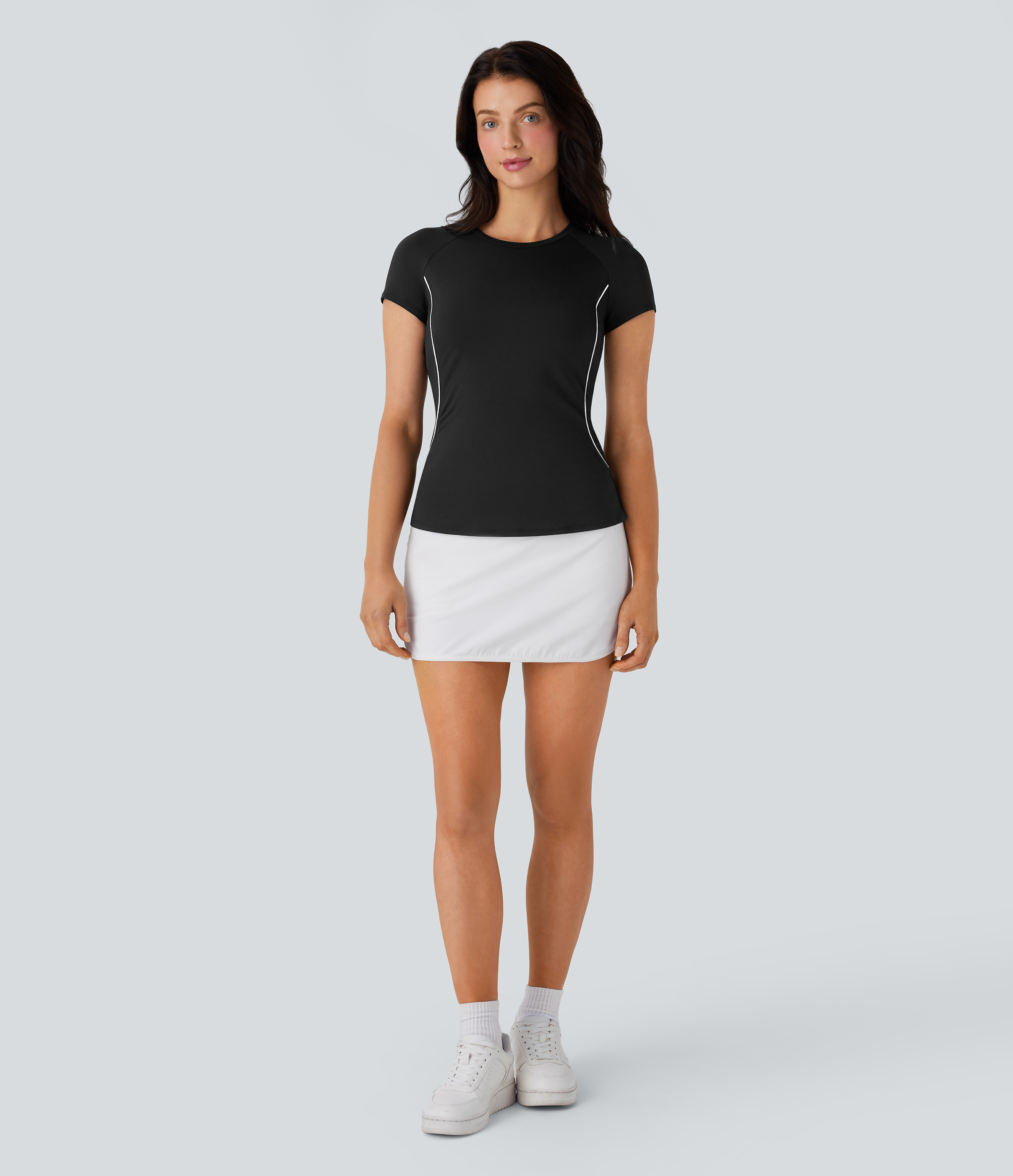 Halara Lightweight Raglan Sleeve Color Block Tape Curved Hem Slim Golf Sports Top  - Black - M 