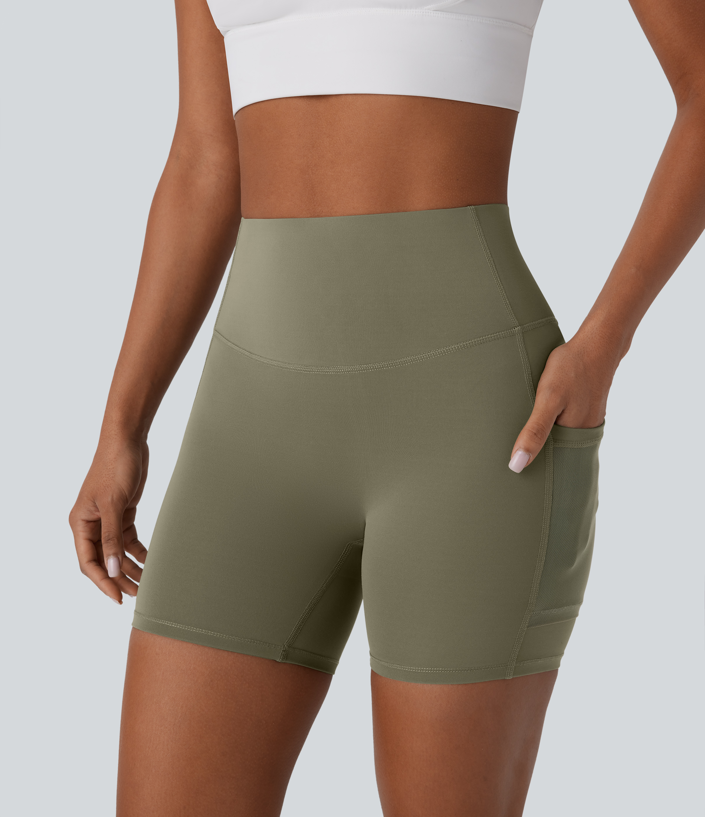 Halara SpeedWaveв„ў SoCinched High Waisted Tummy Control Butt Lifting Side Pocket Contrast Mesh Quick Dry Workout Biker Shorts 5``  - Unripe Olive Green - L 
