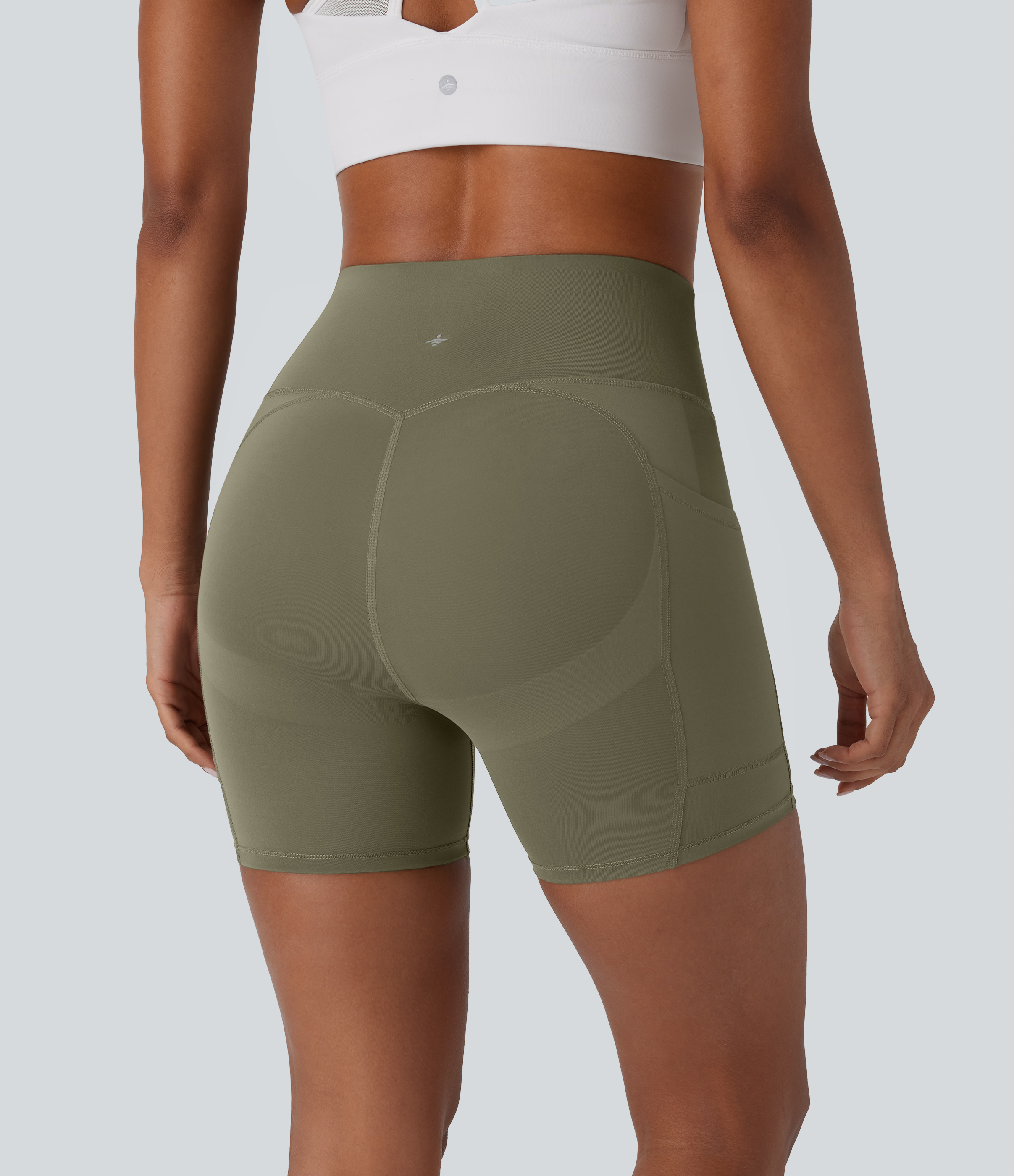 Halara SpeedWaveв„ў SoCinched High Waisted Tummy Control Butt Lifting Side Pocket Contrast Mesh Quick Dry Workout Biker Shorts 5``  - Unripe Olive Green - L 