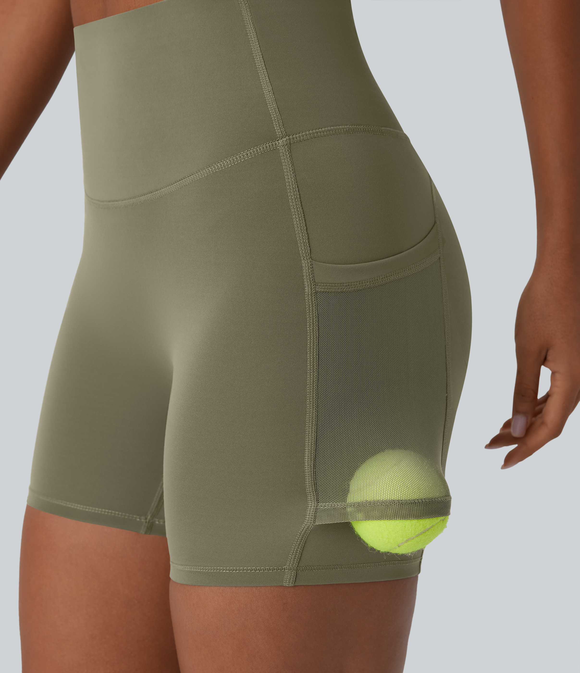 Halara SpeedWaveв„ў SoCinched High Waisted Tummy Control Butt Lifting Side Pocket Contrast Mesh Quick Dry Workout Biker Shorts 5``  - Unripe Olive Green - L 