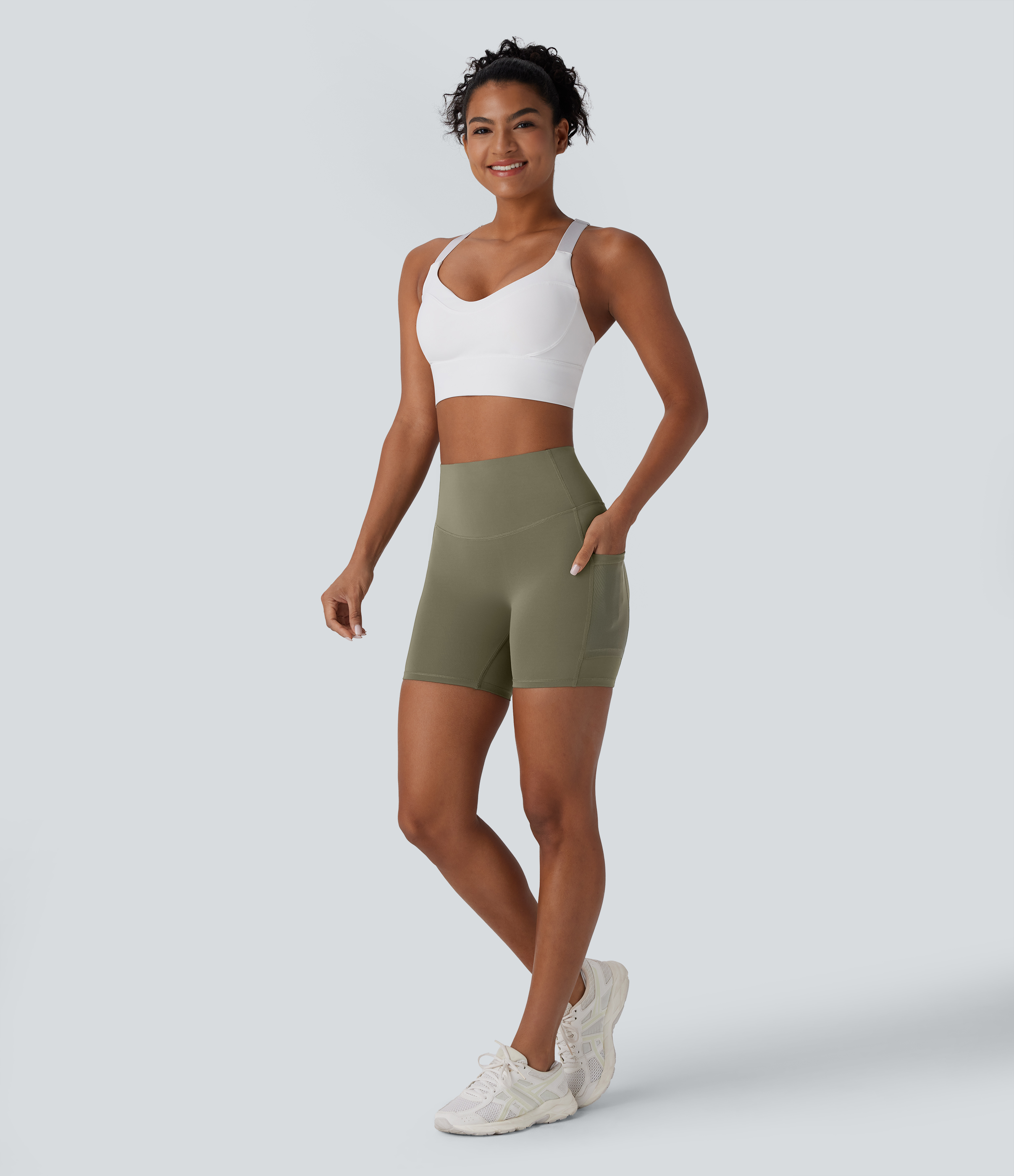 Halara SpeedWaveв„ў SoCinched High Waisted Tummy Control Butt Lifting Side Pocket Contrast Mesh Quick Dry Workout Biker Shorts 5``  - Unripe Olive Green - L 