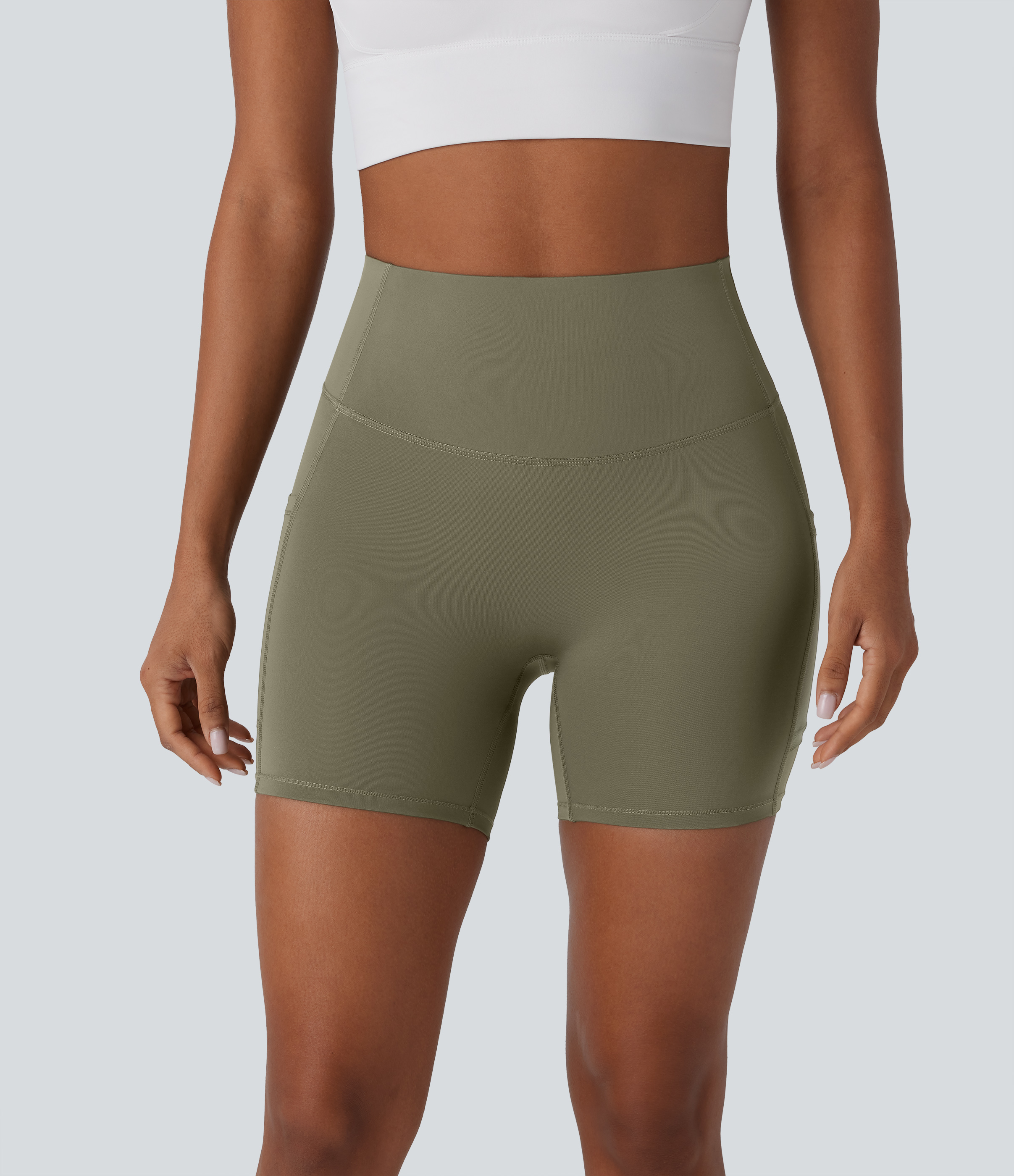 Halara SpeedWaveв„ў SoCinched High Waisted Tummy Control Butt Lifting Side Pocket Contrast Mesh Quick Dry Workout Biker Shorts 5``  - Unripe Olive Green - L 