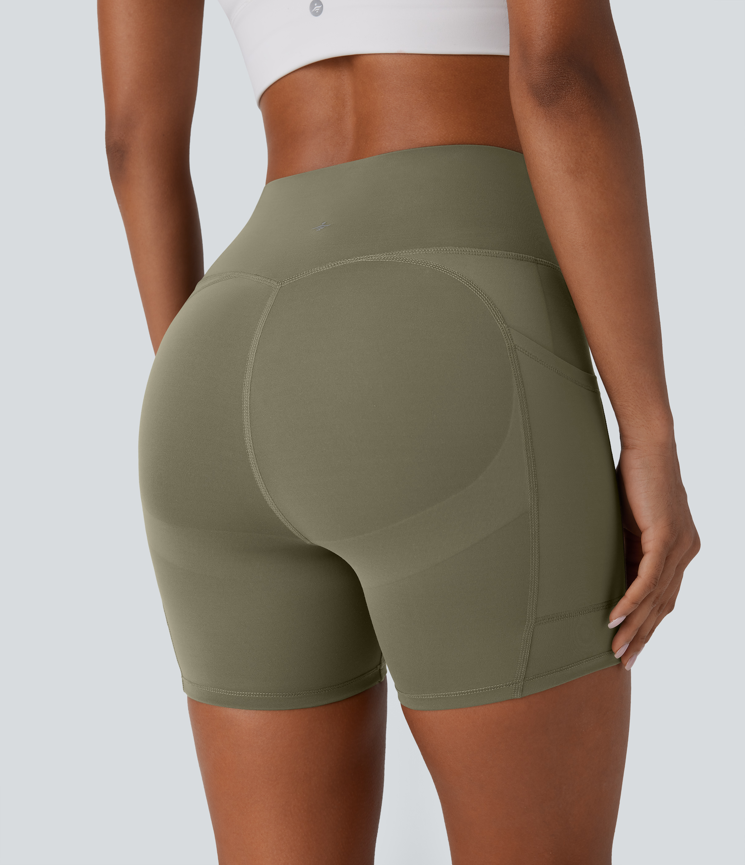 Halara SpeedWaveв„ў SoCinched High Waisted Tummy Control Butt Lifting Side Pocket Contrast Mesh Quick Dry Workout Biker Shorts 5``  - Unripe Olive Green - L 