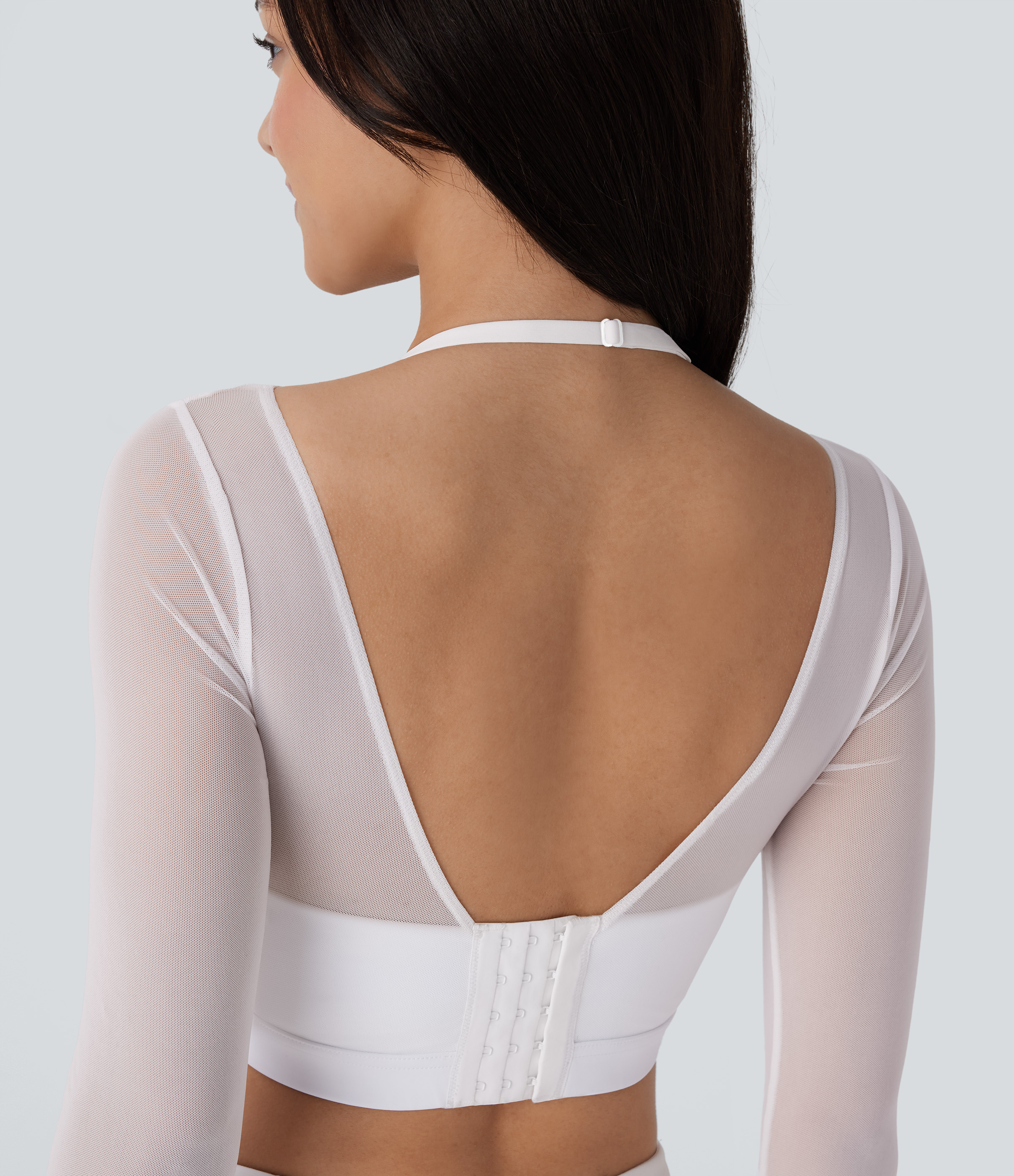 Halara Halter Backless Long Sleeve Thumb Hole Contrast Mesh 2-in-1 Cropped Yoga Sports Top  - White - L 