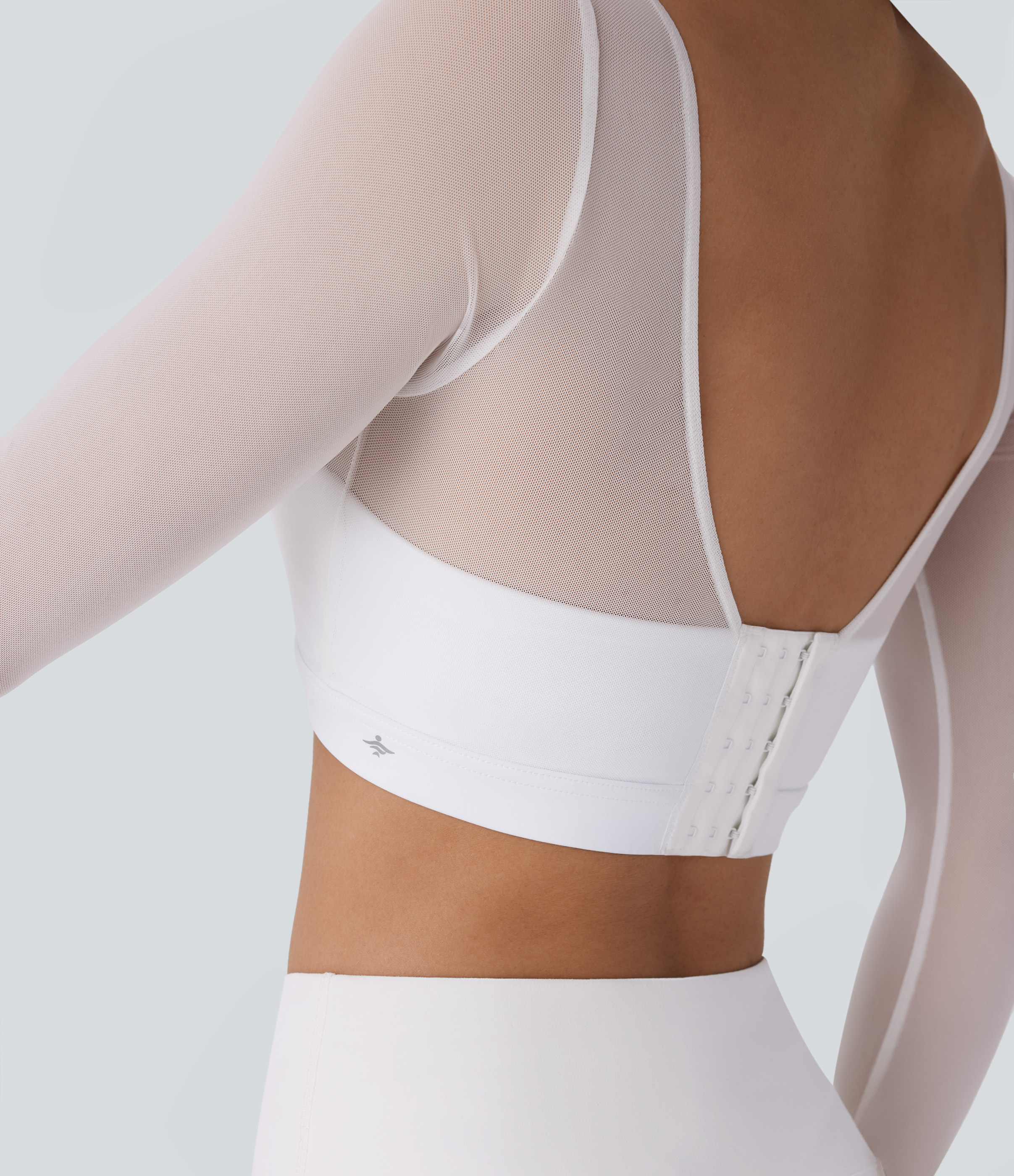 Halara Halter Backless Long Sleeve Thumb Hole Contrast Mesh 2-in-1 Cropped Yoga Sports Top  - White - L 