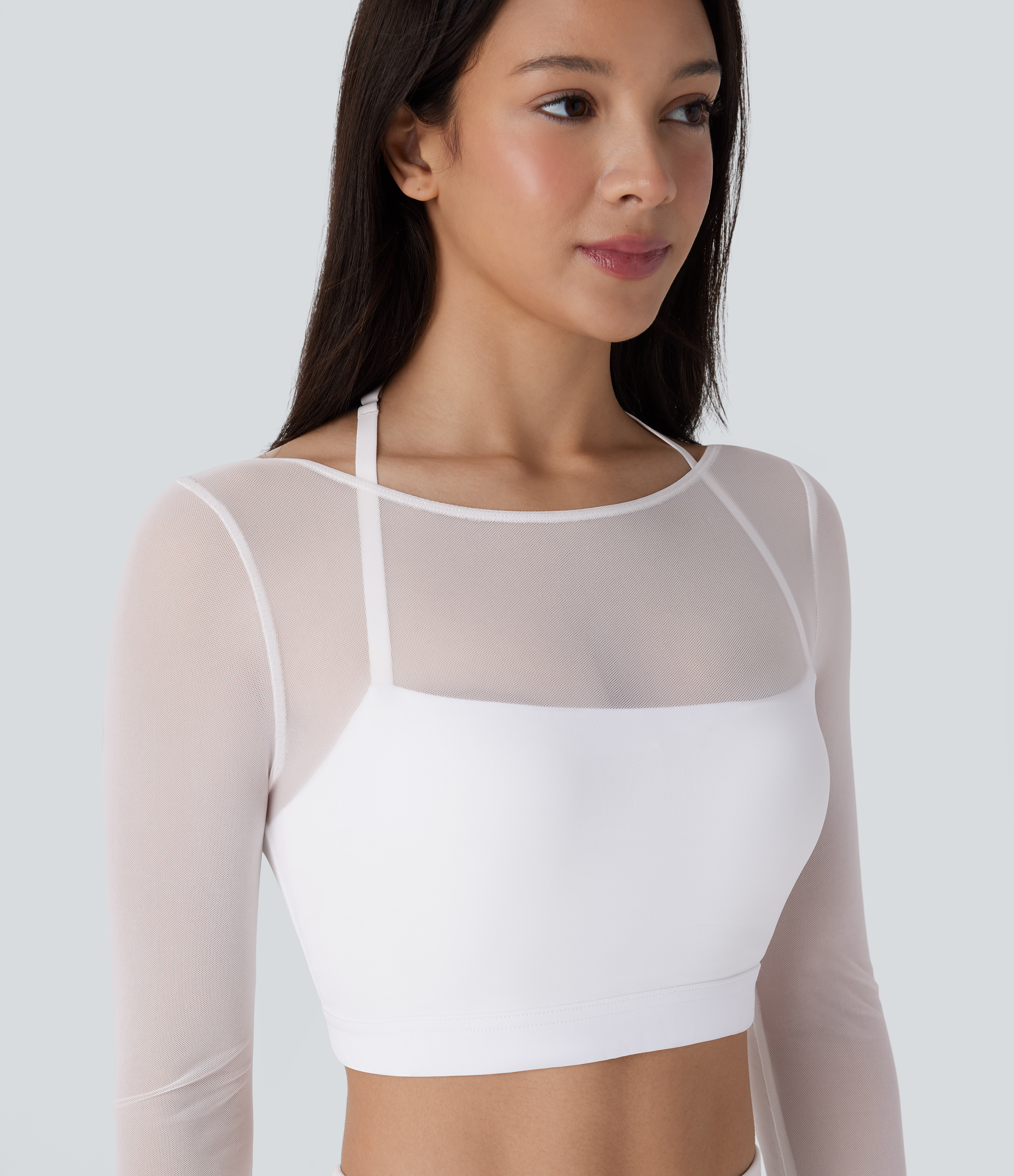 Halara Halter Backless Long Sleeve Thumb Hole Contrast Mesh 2-in-1 Cropped Yoga Sports Top  - White - L 