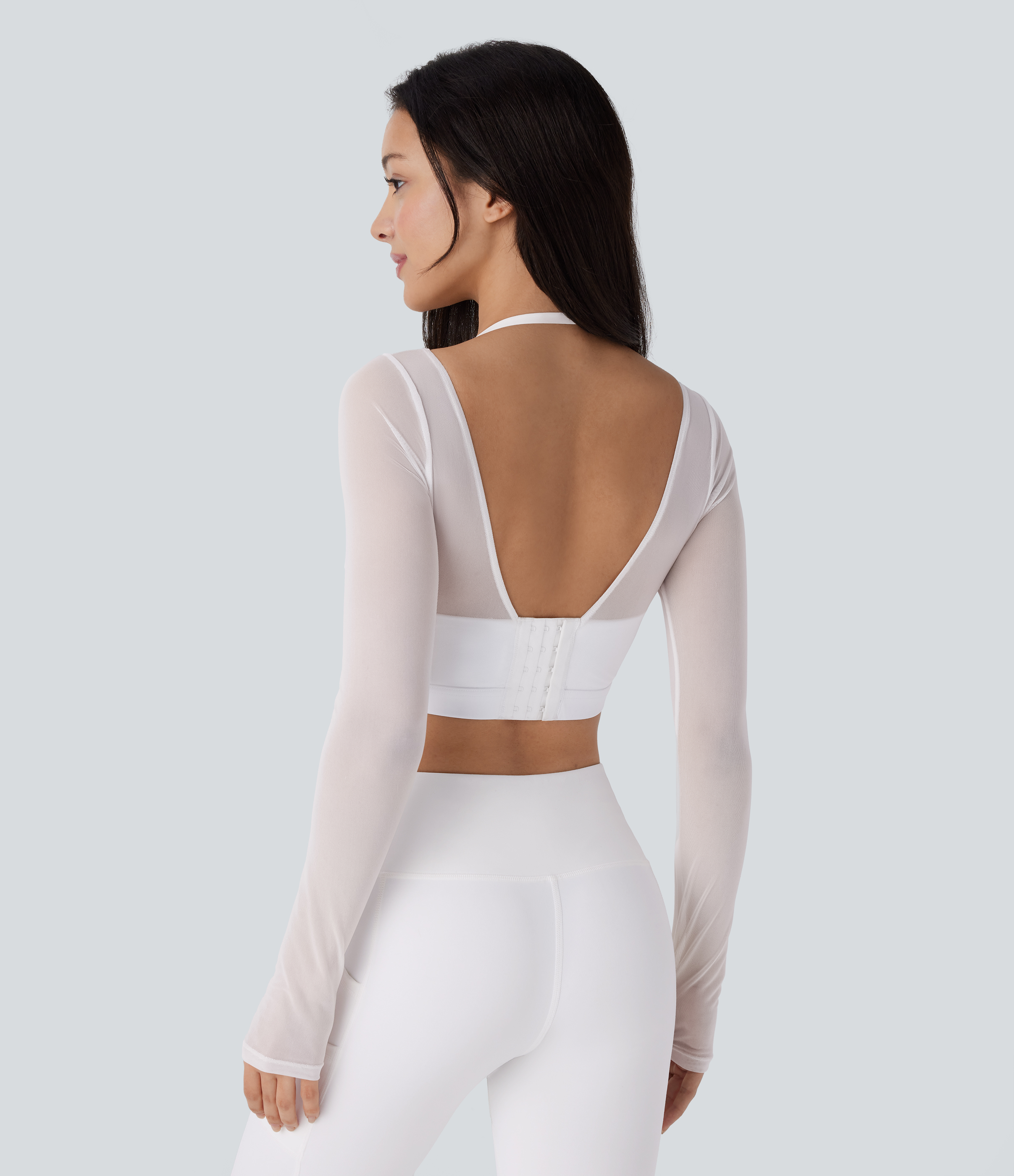 Halara Halter Backless Long Sleeve Thumb Hole Contrast Mesh 2-in-1 Cropped Yoga Sports Top  - White - L 