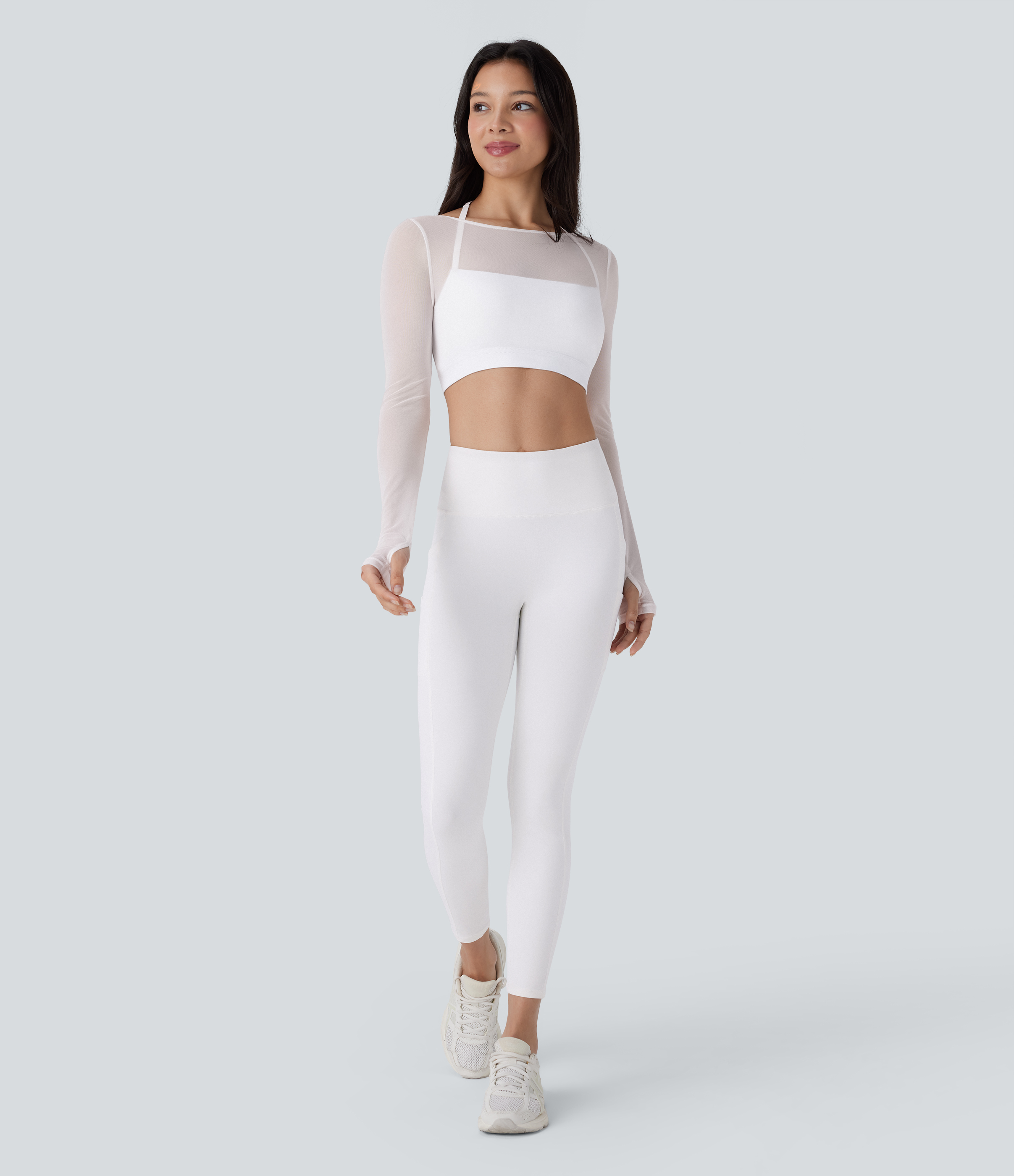 Halara Halter Backless Long Sleeve Thumb Hole Contrast Mesh 2-in-1 Cropped Yoga Sports Top  - White - L 