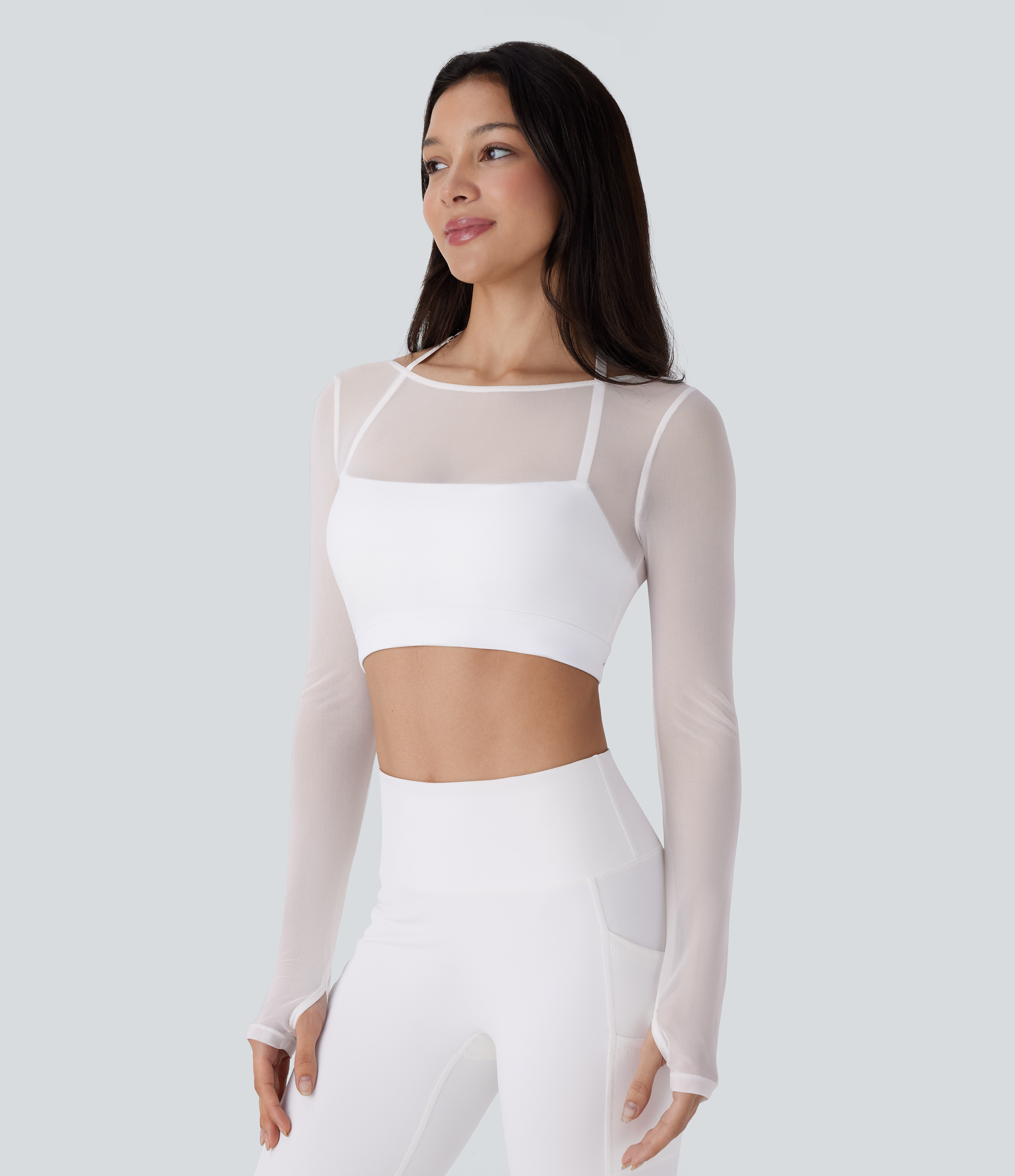 Halara Halter Backless Long Sleeve Thumb Hole Contrast Mesh 2-in-1 Cropped Yoga Sports Top  - White - L 