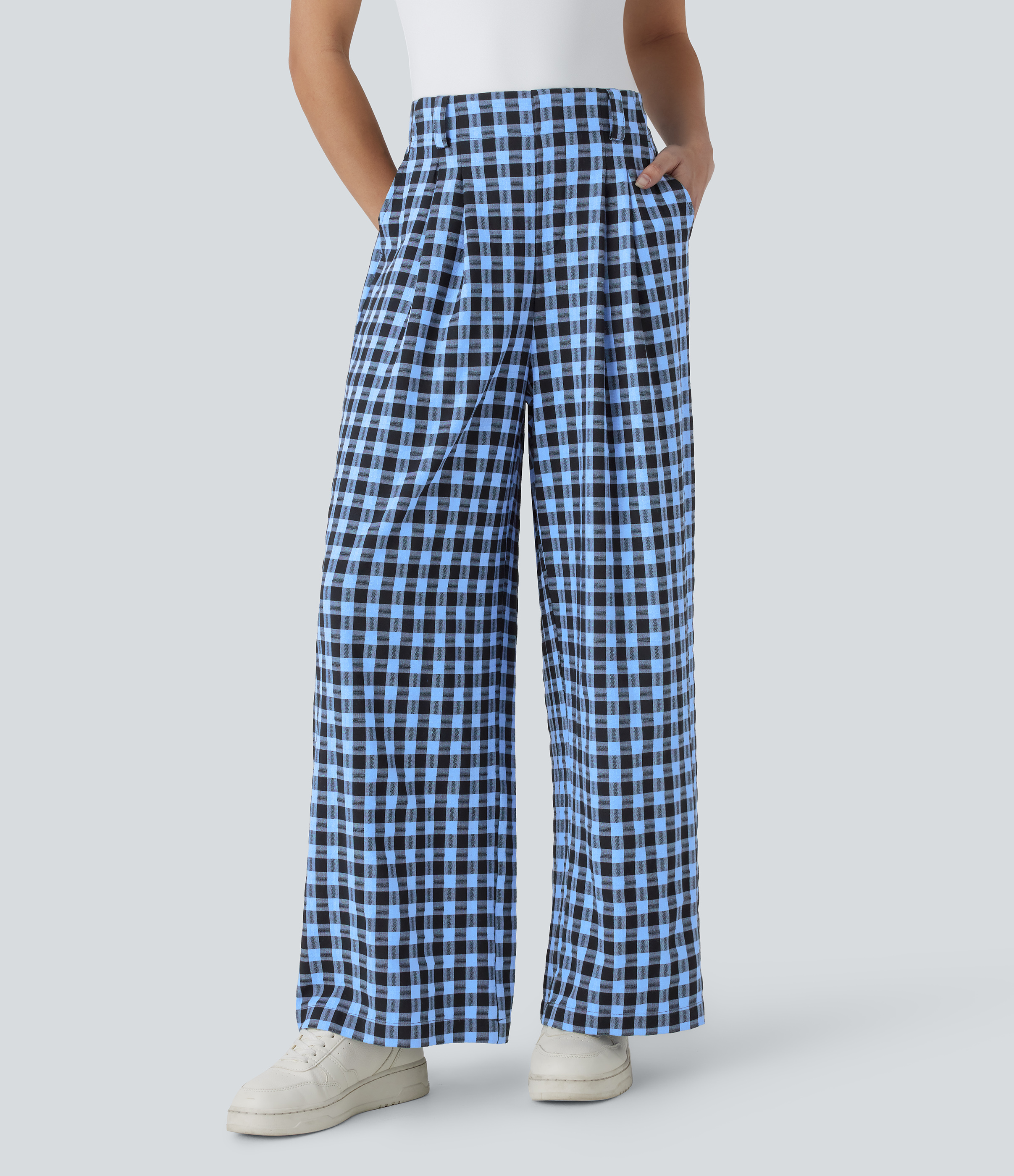 Pantalón cuadro pierna ancha bolsillo lateral tiro alto