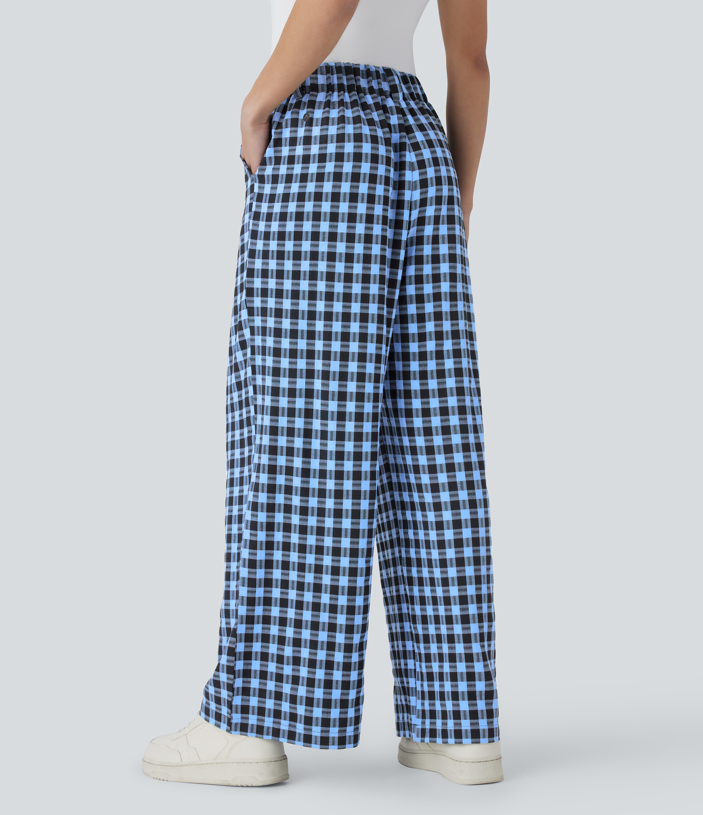 Sky Blue Architectural Plaid Pantalón cuadro pierna ancha bolsillo lateral tiro alto / 2