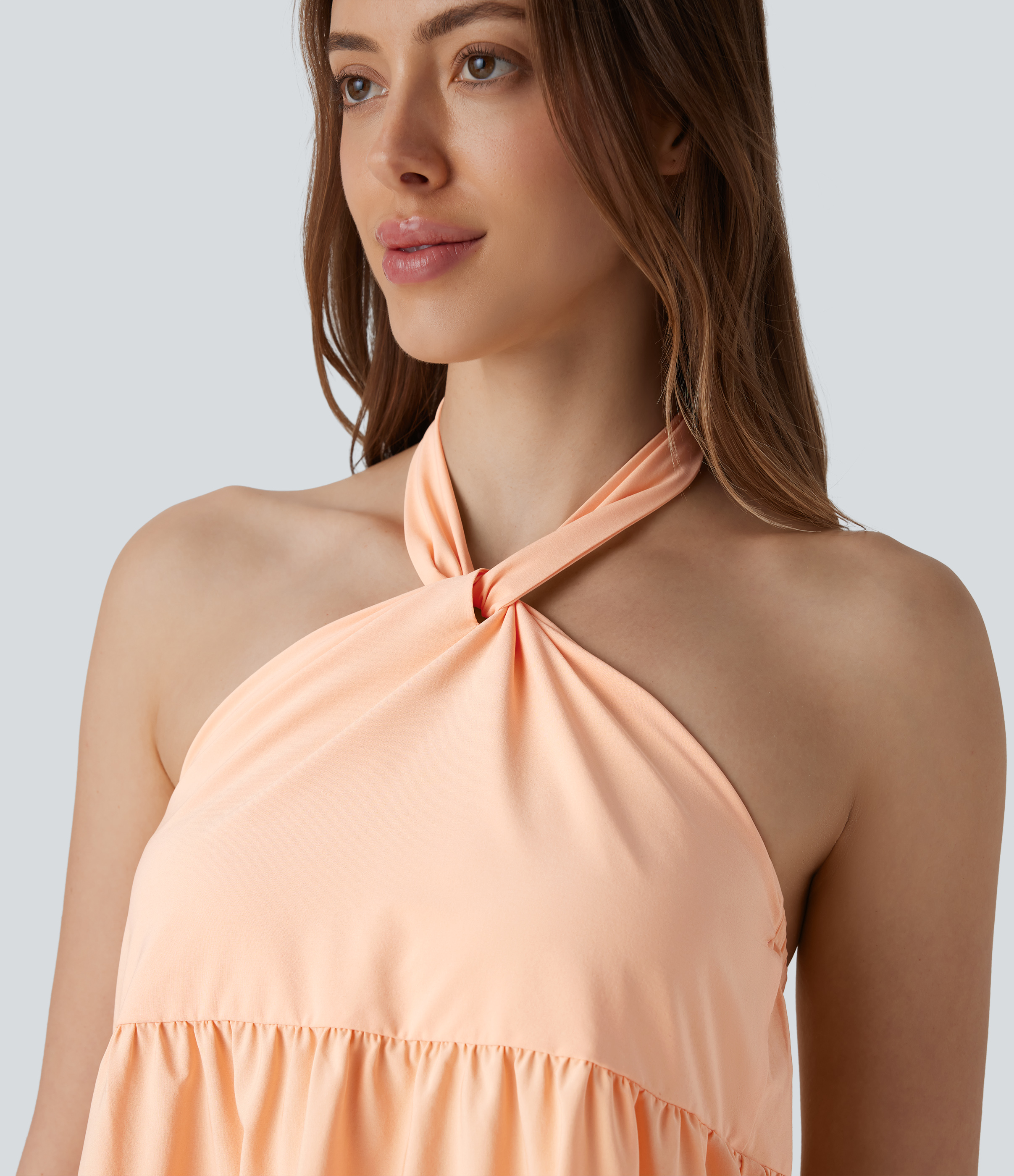 Halara Breezefulв„ў Halter Backless 2 Piece Tiered Mini Quick Dry Resort Dress Casual Dress - Peach Orange - M slip dress beach dress 