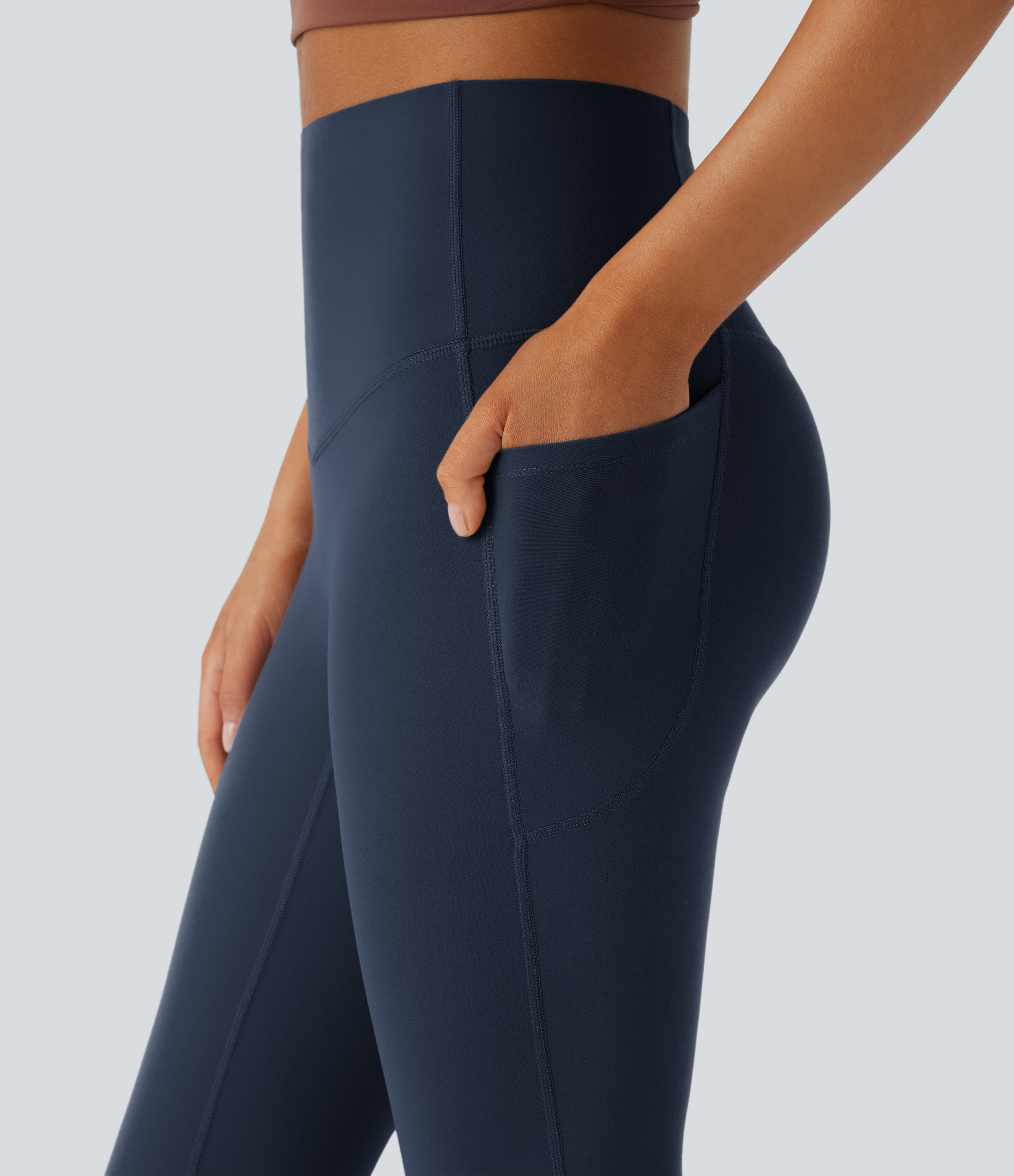 Halara SoCinched High Waisted Tummy Control Side Pocket Shaping Yoga UltraSculpt Bootcut Leggings  - Carbon - L(regular) gym leggings 
