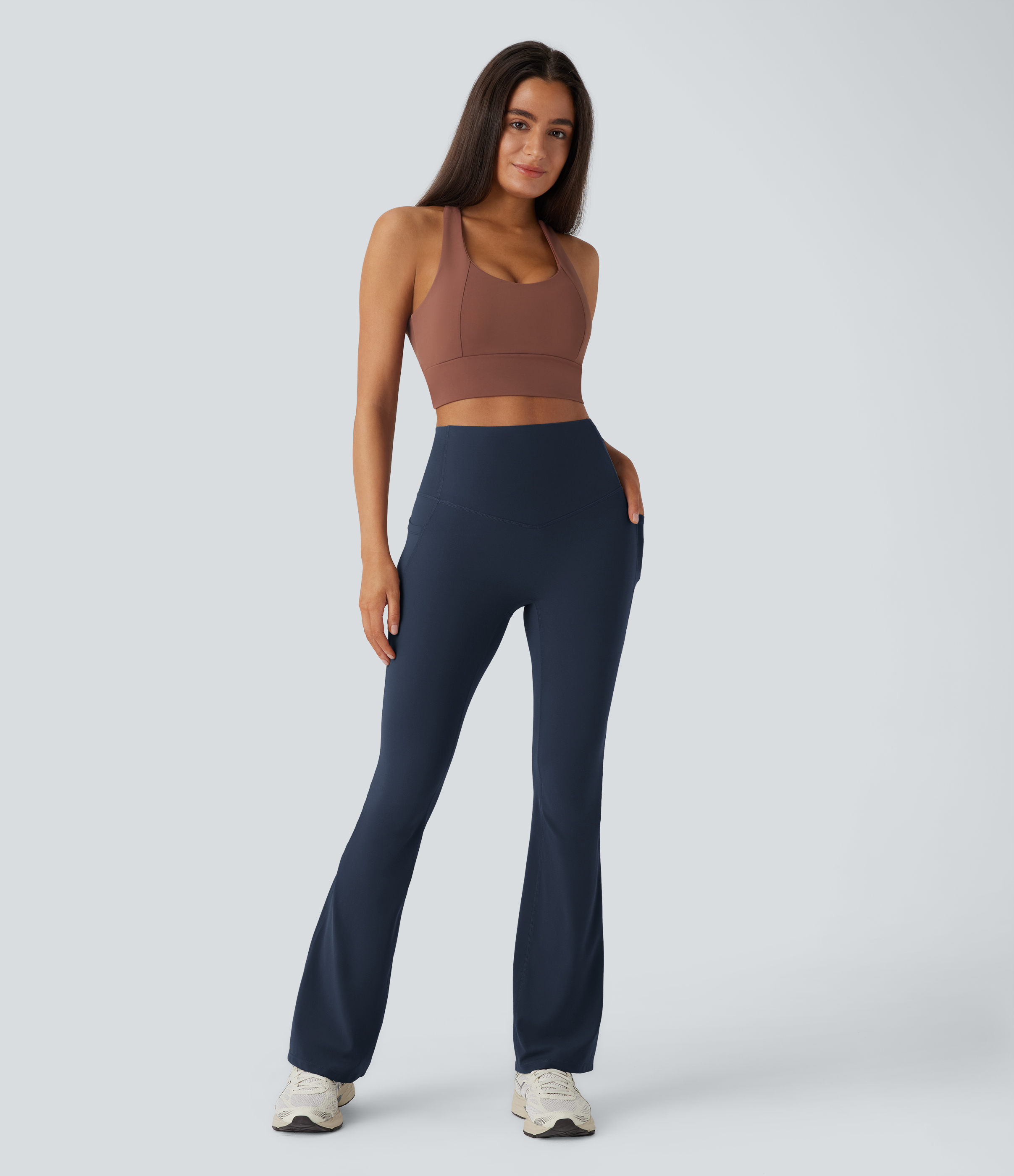 Halara SoCinched High Waisted Tummy Control Side Pocket Shaping Yoga UltraSculpt Bootcut Leggings  - Carbon - L(regular) gym leggings 