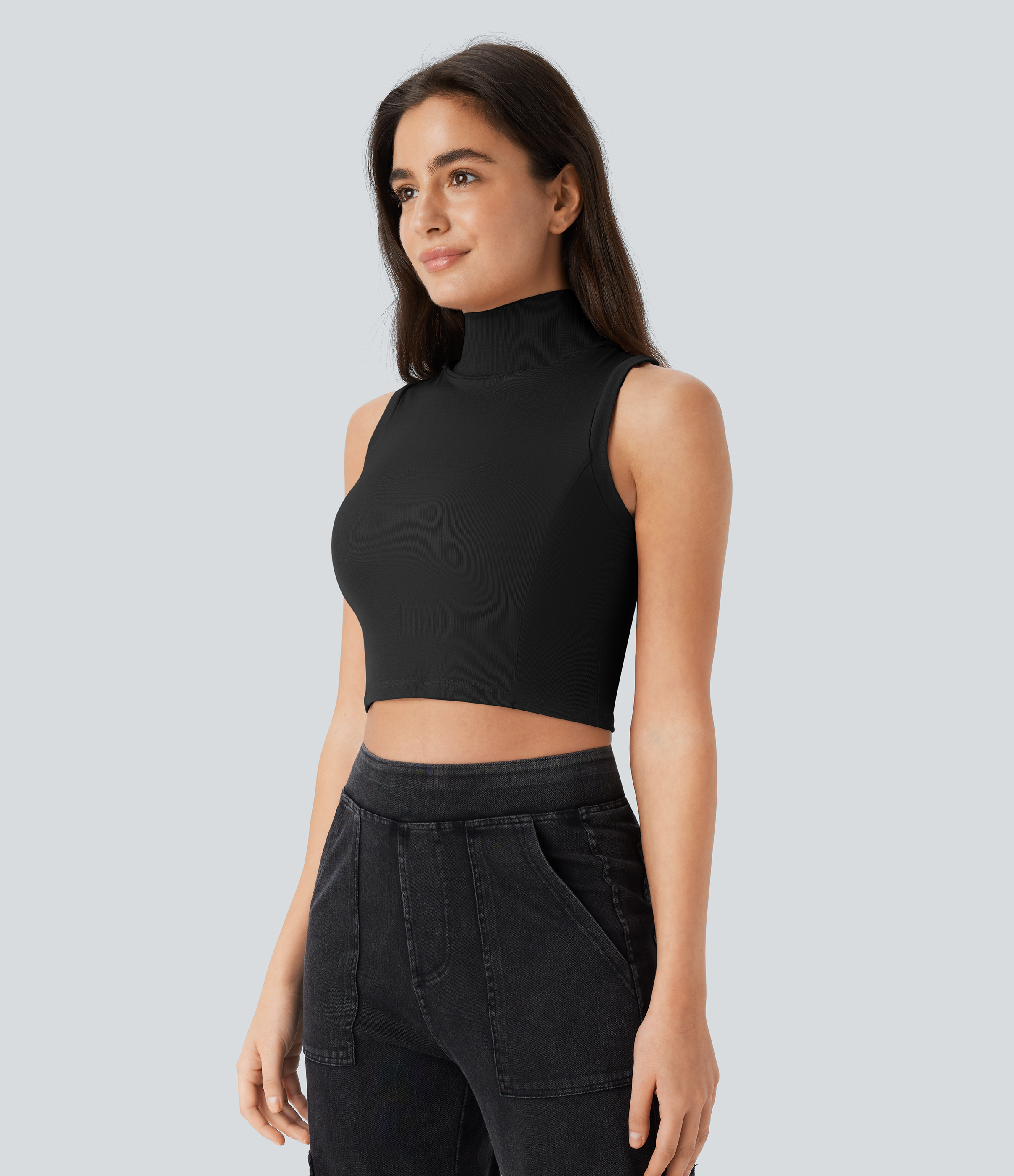Halara Ribbed Hooded High Neck Sleeveless Cut Out Cropped Casual Tank Top Tank Top - Black - S golf tops halter top tunic tops 